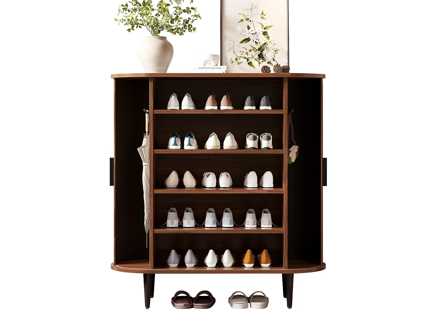 Meuble à chaussures moderne / Buffet 85x40x93cm - avec 2 portes coulissantes et 4 hameçons - avec des étagères - Naturel