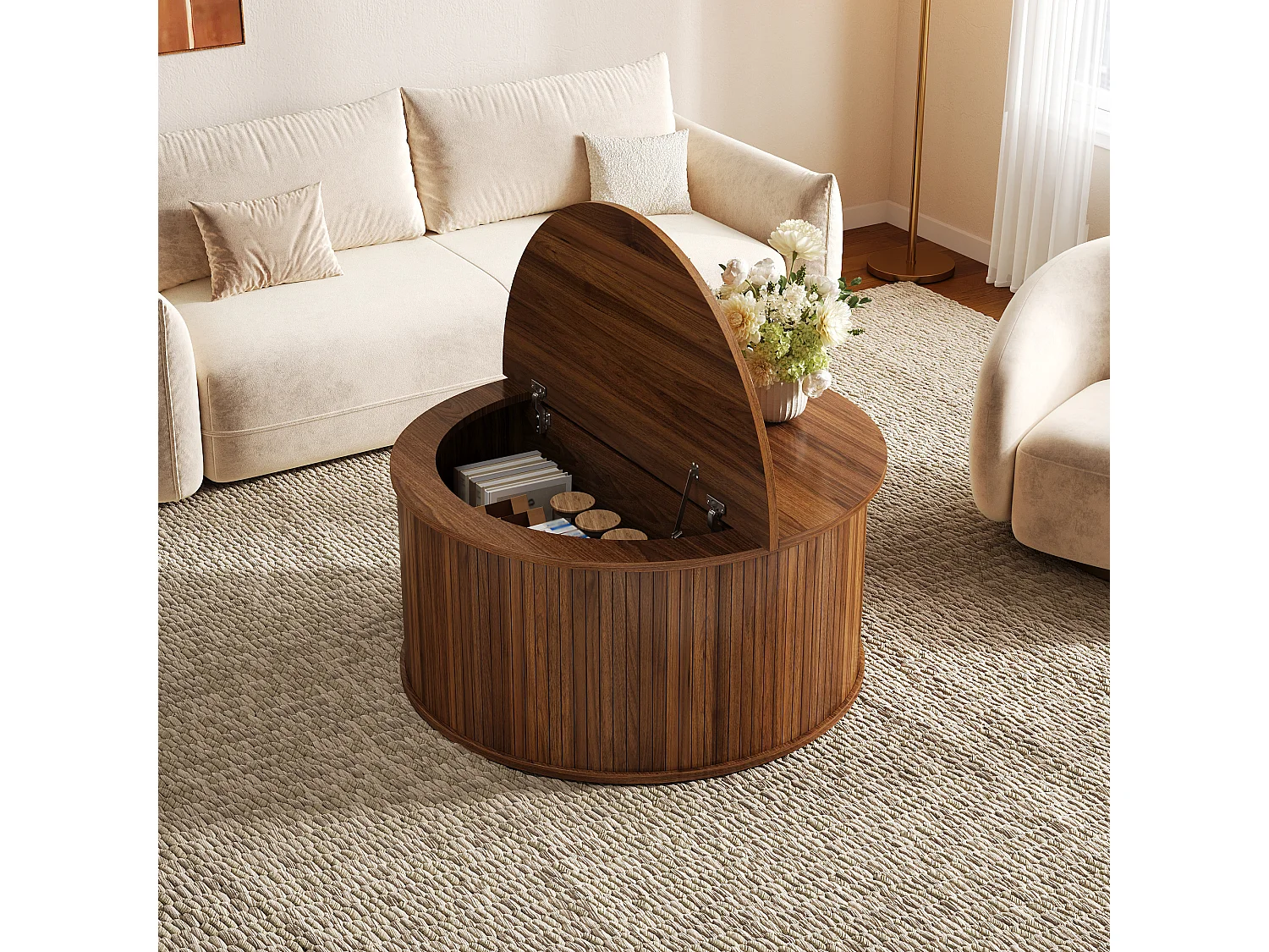 Tavolino da salotto rotondo rialzabile 88x88x53.5cm - Altezza regolabile - Con vano portaoggetti - Piedistallo cilindrico - MDF - Marrone