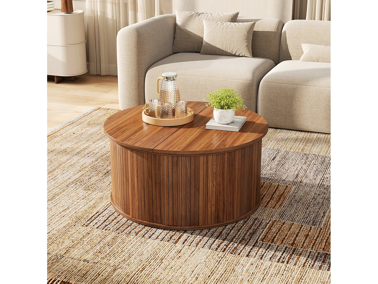 Tavolino da salotto rotondo rialzabile 88x88x53.5cm - Altezza regolabile - Con vano portaoggetti - Piedistallo cilindrico - MDF - Marrone