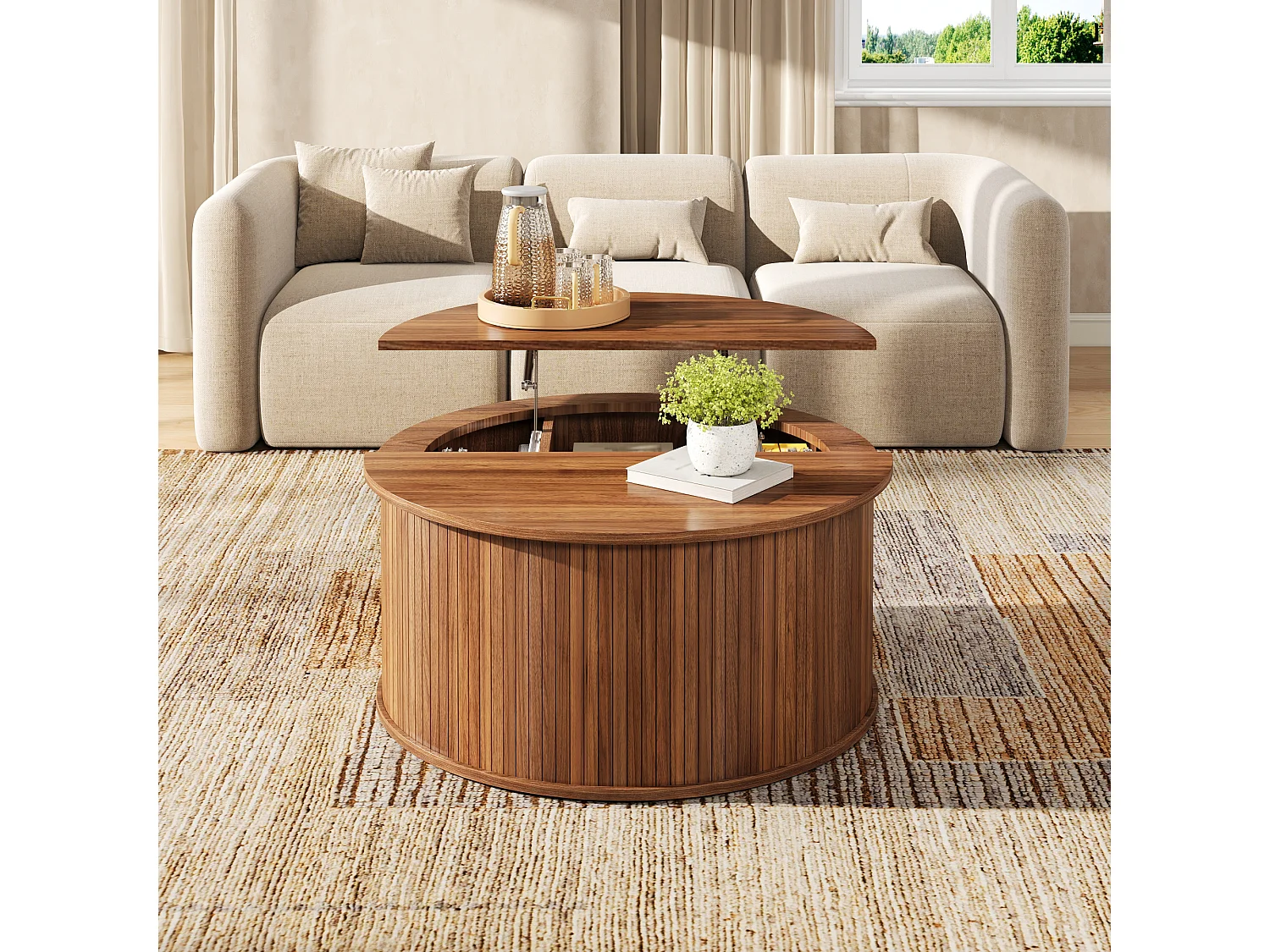 Tavolino da salotto rotondo rialzabile 88x88x53.5cm - Altezza regolabile - Con vano portaoggetti - Piedistallo cilindrico - MDF - Marrone