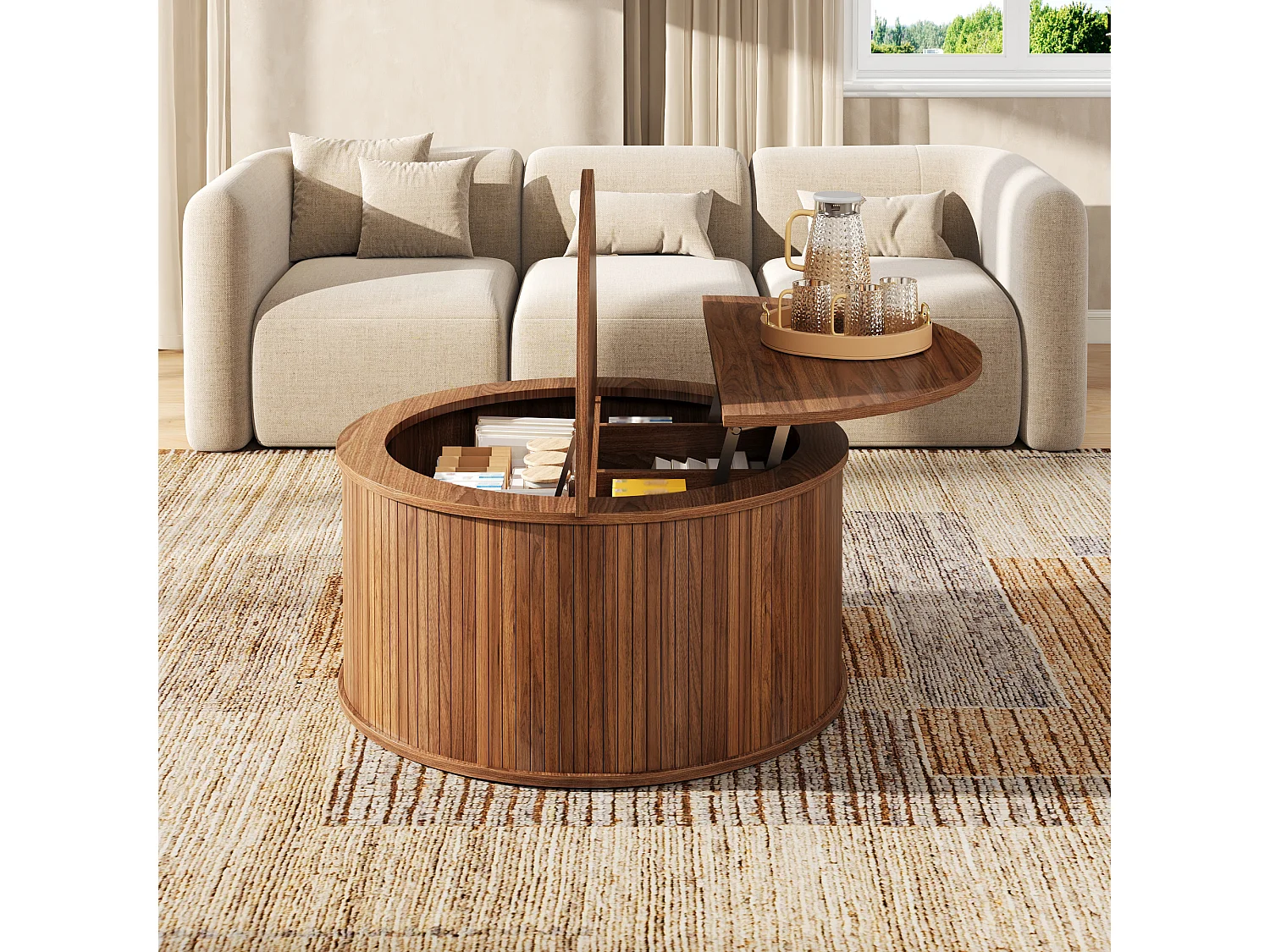 Tavolino da salotto rotondo rialzabile 88x88x53.5cm - Altezza regolabile - Con vano portaoggetti - Piedistallo cilindrico - MDF - Marrone