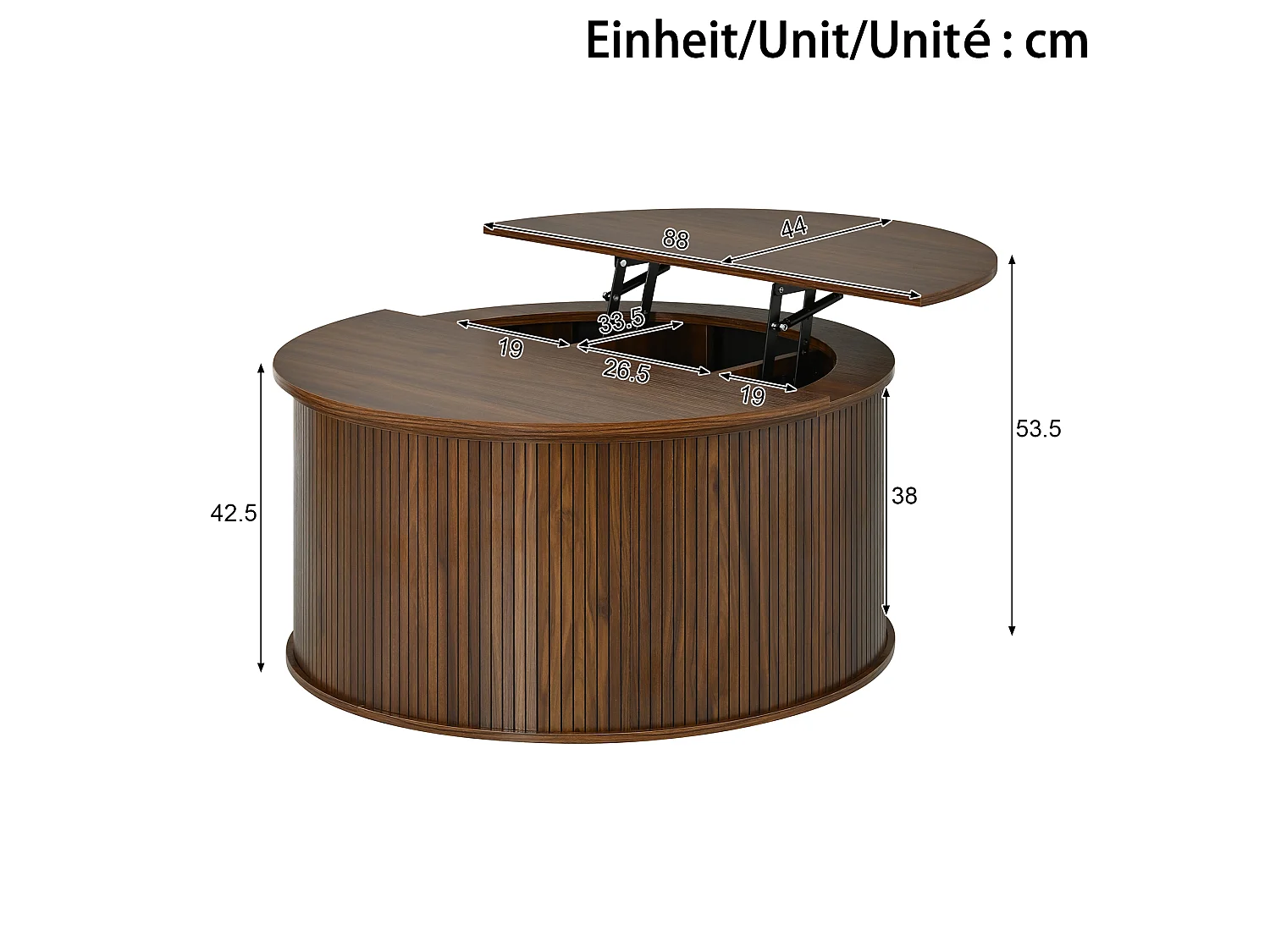 Tavolino da salotto rotondo rialzabile 88x88x53.5cm - Altezza regolabile - Con vano portaoggetti - Piedistallo cilindrico - MDF - Marrone