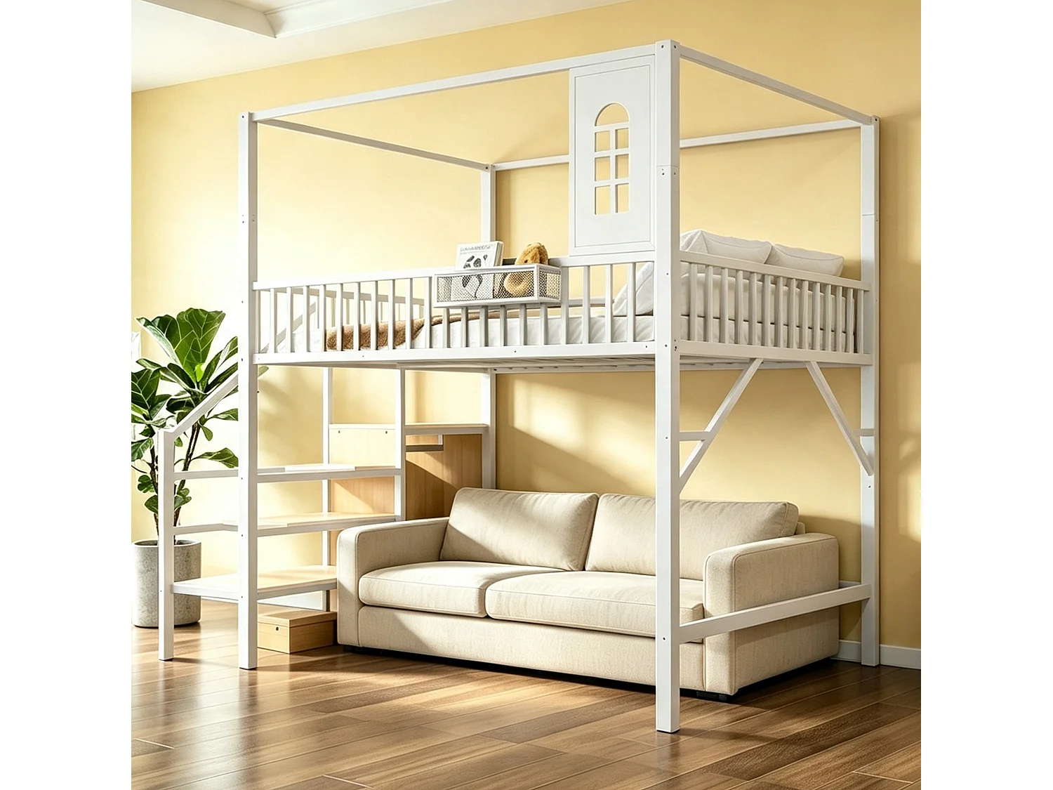 Metalen mezzaninebed 140 x 200 cm - met veiligheidsladder - met leuningen - met opbergruimte - wit (matras niet inbegrepen)