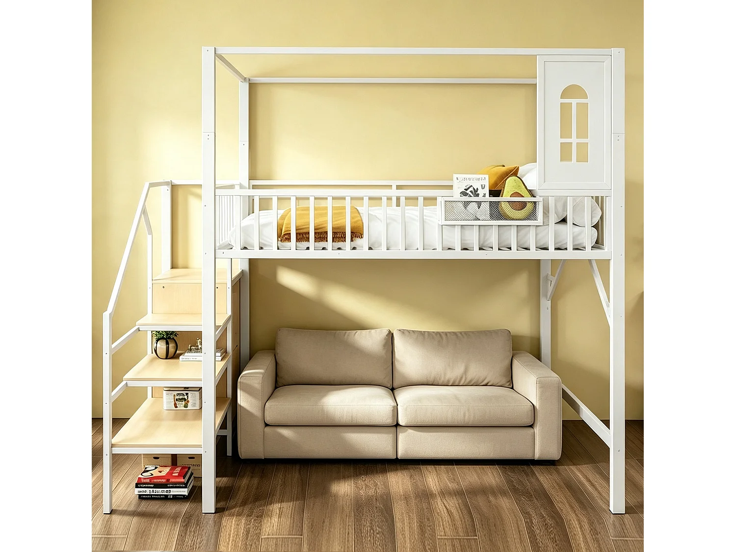 Metalen mezzaninebed 140 x 200 cm - met veiligheidsladder - met leuningen - met opbergruimte - wit (matras niet inbegrepen)