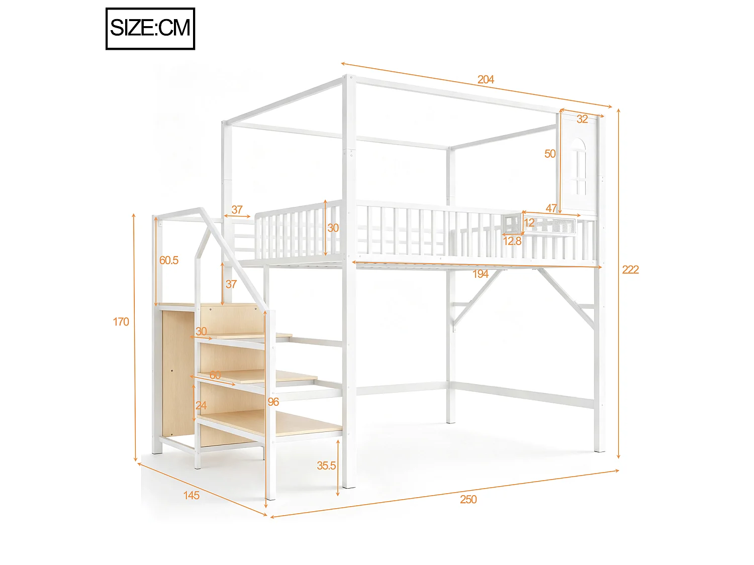 Metalen mezzaninebed 140 x 200 cm - met veiligheidsladder - met leuningen - met opbergruimte - wit (matras niet inbegrepen)