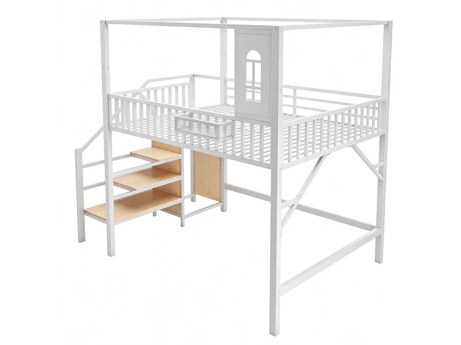 Metalen mezzaninebed 140 x 200 cm - met veiligheidsladder - met leuningen - met opbergruimte - wit (matras niet inbegrepen)