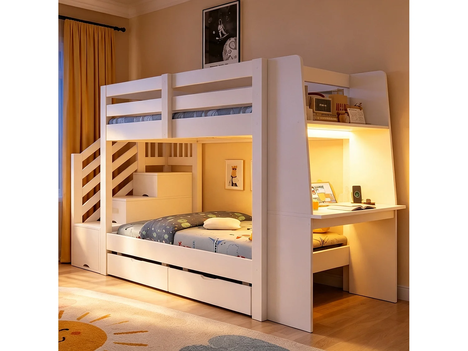 Hoogslaper 90 x 200 cm - met ladder - met ingebouwd bureau - met LED-verlichting - met elektrisch stopcontact - met 2 laden - wit (matras niet inbegrepen)