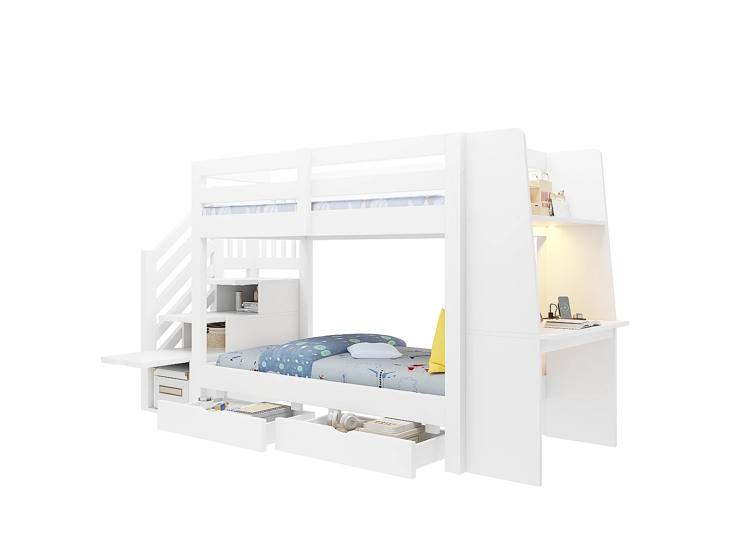 Hoogslaper 90 x 200 cm - met ladder - met ingebouwd bureau - met LED-verlichting - met elektrisch stopcontact - met 2 laden - wit (matras niet inbegrepen)