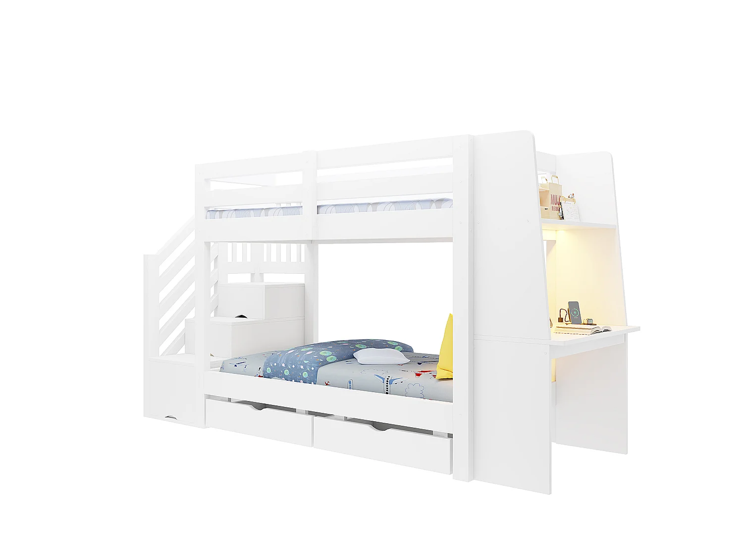 Hoogslaper 90 x 200 cm - met ladder - met ingebouwd bureau - met LED-verlichting - met elektrisch stopcontact - met 2 laden - wit (matras niet inbegrepen)