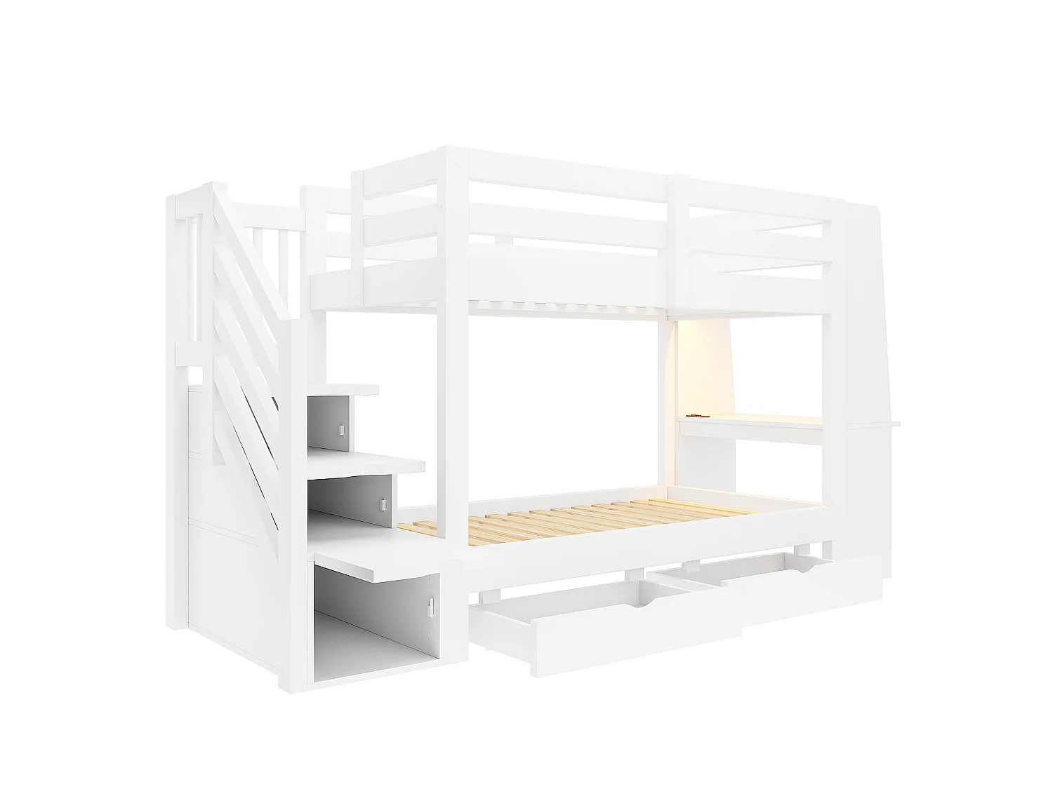 Hoogslaper 90 x 200 cm - met ladder - met ingebouwd bureau - met LED-verlichting - met elektrisch stopcontact - met 2 laden - wit (matras niet inbegrepen)