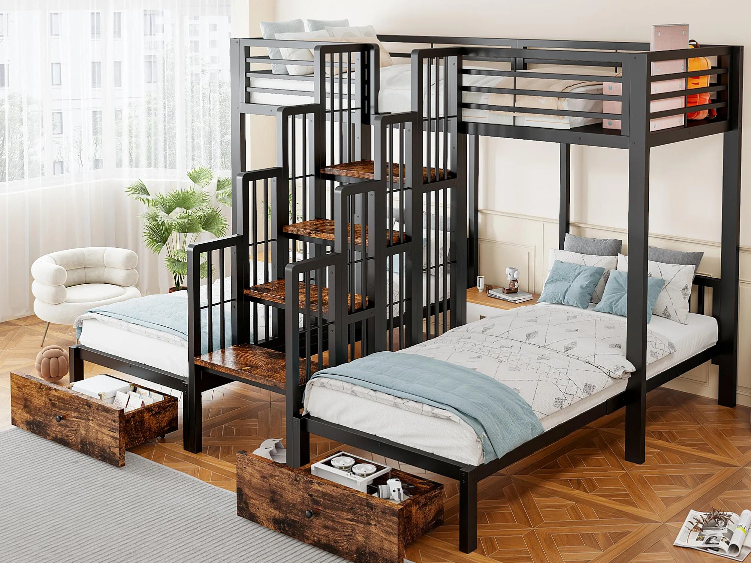 Lit superposé en métal 90 x 200 cm - avec escalier - avec barrières de sécurité - avec 2 tiroirs - noir (matelas non inclus)
