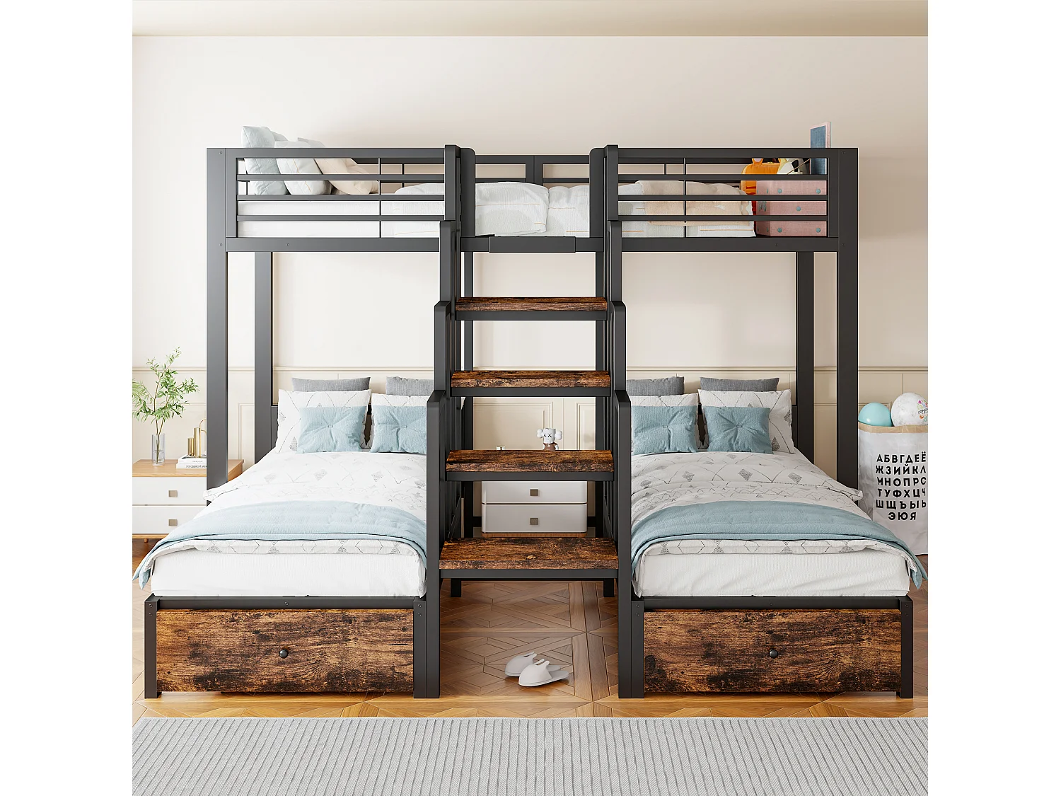 Lit superposé en métal 90 x 200 cm - avec escalier - avec barrières de sécurité - avec 2 tiroirs - noir (matelas non inclus)