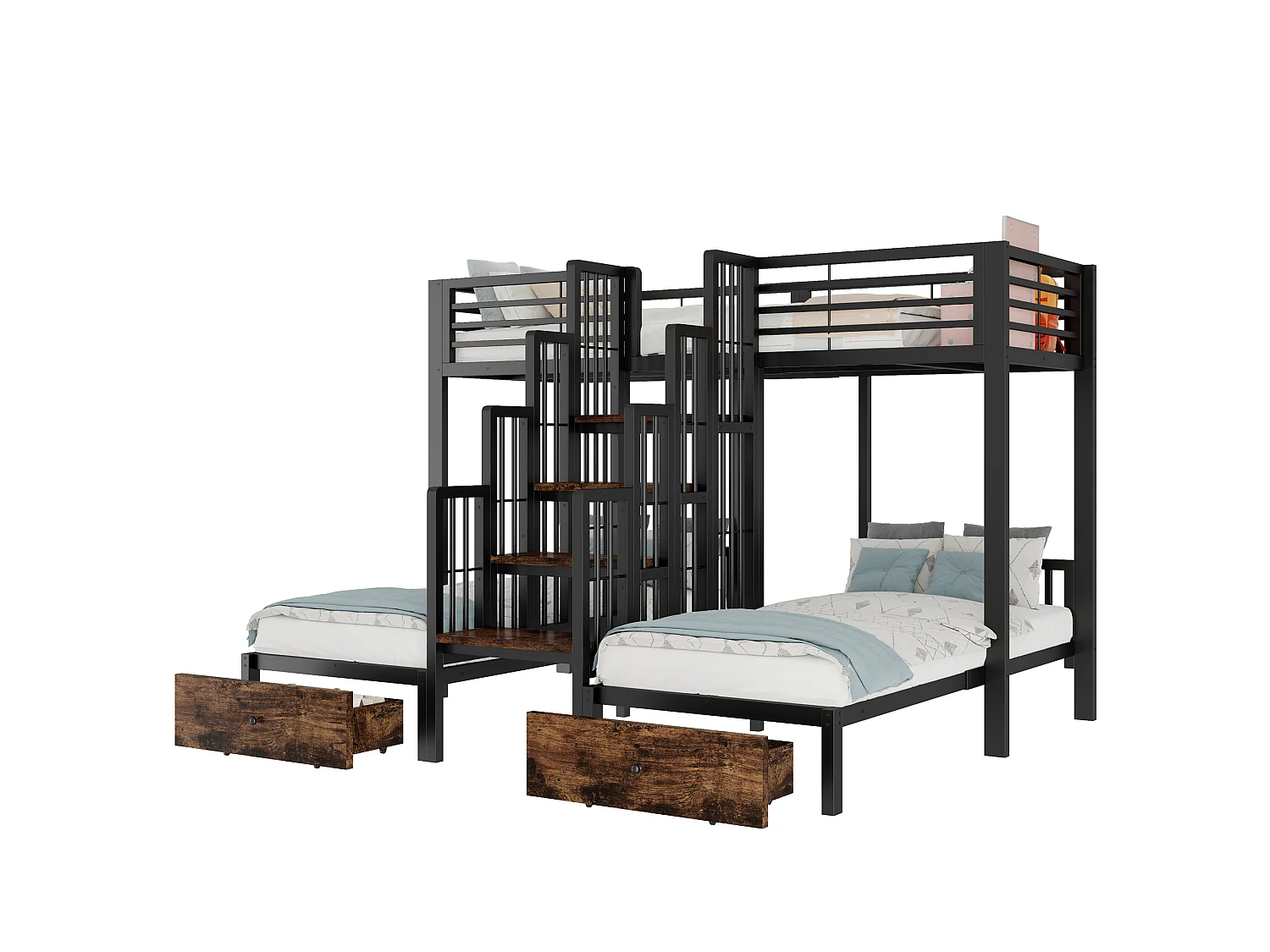 Lit superposé en métal 90 x 200 cm - avec escalier - avec barrières de sécurité - avec 2 tiroirs - noir (matelas non inclus)