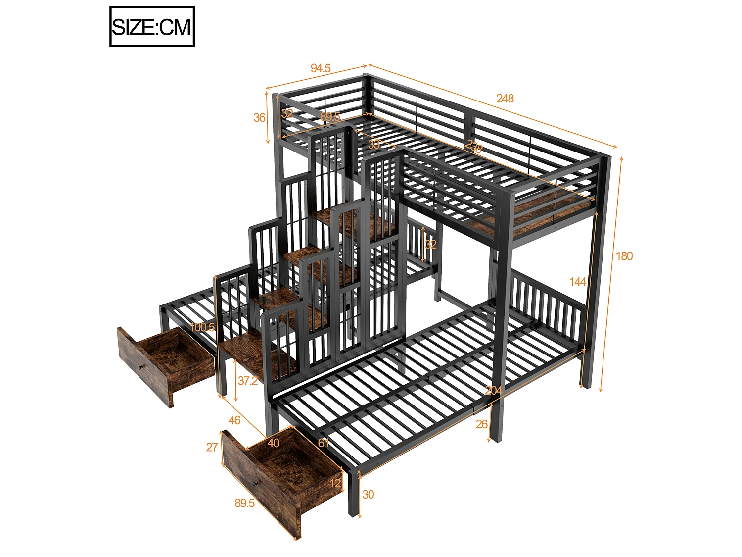 Lit superposé en métal 90 x 200 cm - avec escalier - avec barrières de sécurité - avec 2 tiroirs - noir (matelas non inclus)