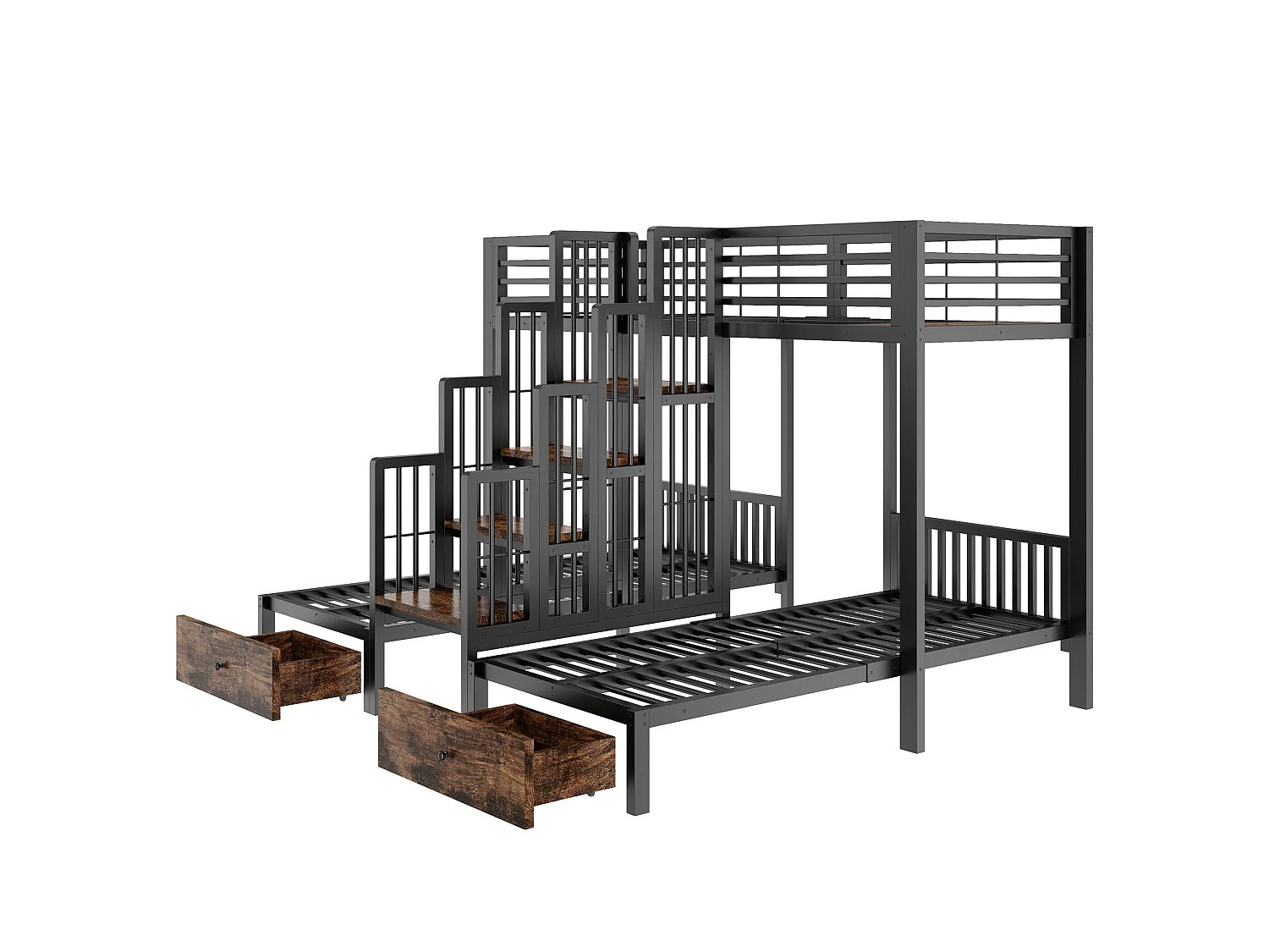 Lit superposé en métal 90 x 200 cm - avec escalier - avec barrières de sécurité - avec 2 tiroirs - noir (matelas non inclus)