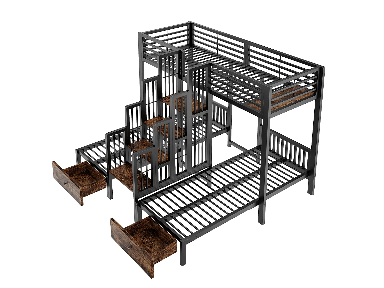 Lit superposé en métal 90 x 200 cm - avec escalier - avec barrières de sécurité - avec 2 tiroirs - noir (matelas non inclus)