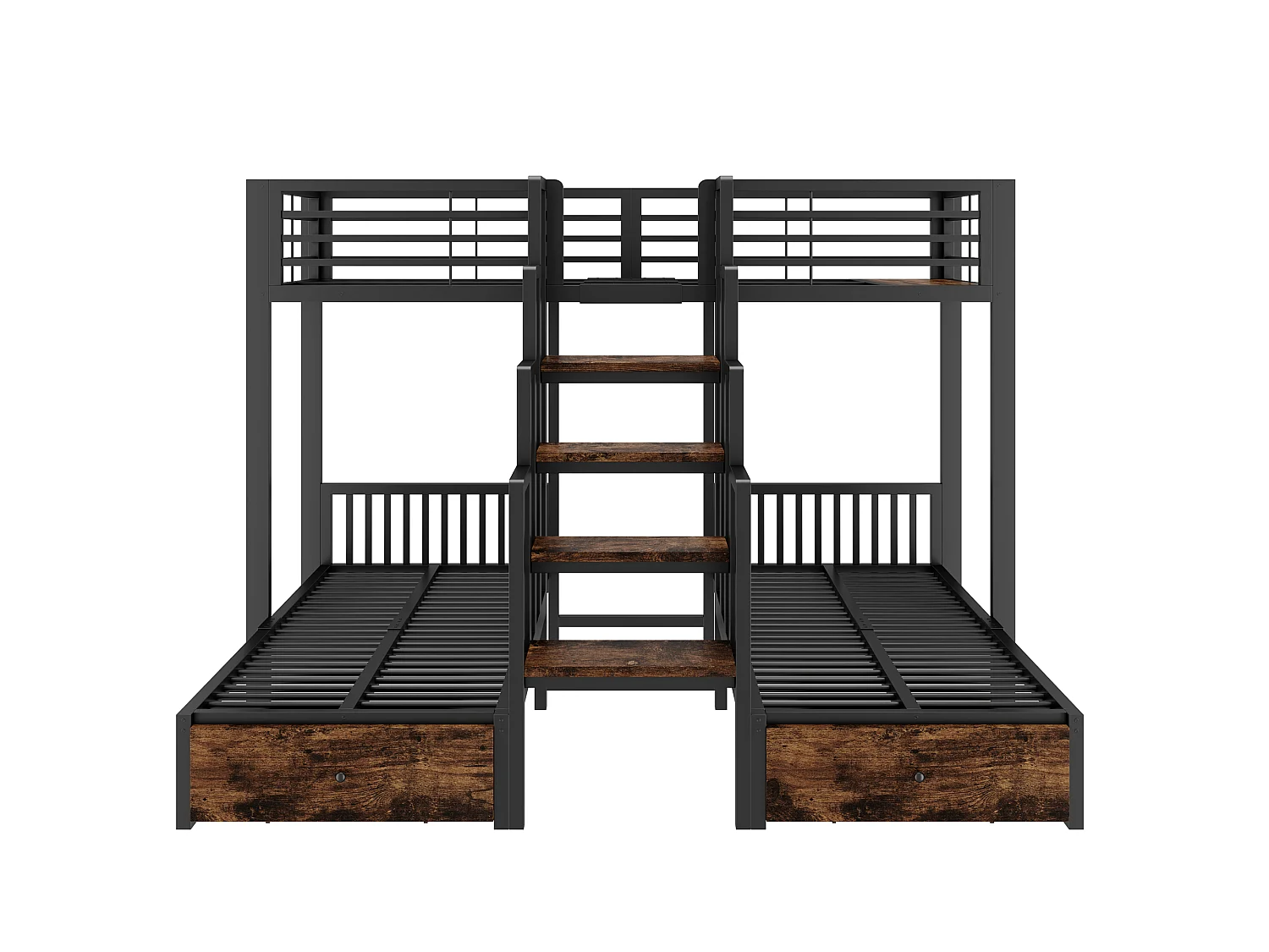 Lit superposé en métal 90 x 200 cm - avec escalier - avec barrières de sécurité - avec 2 tiroirs - noir (matelas non inclus)