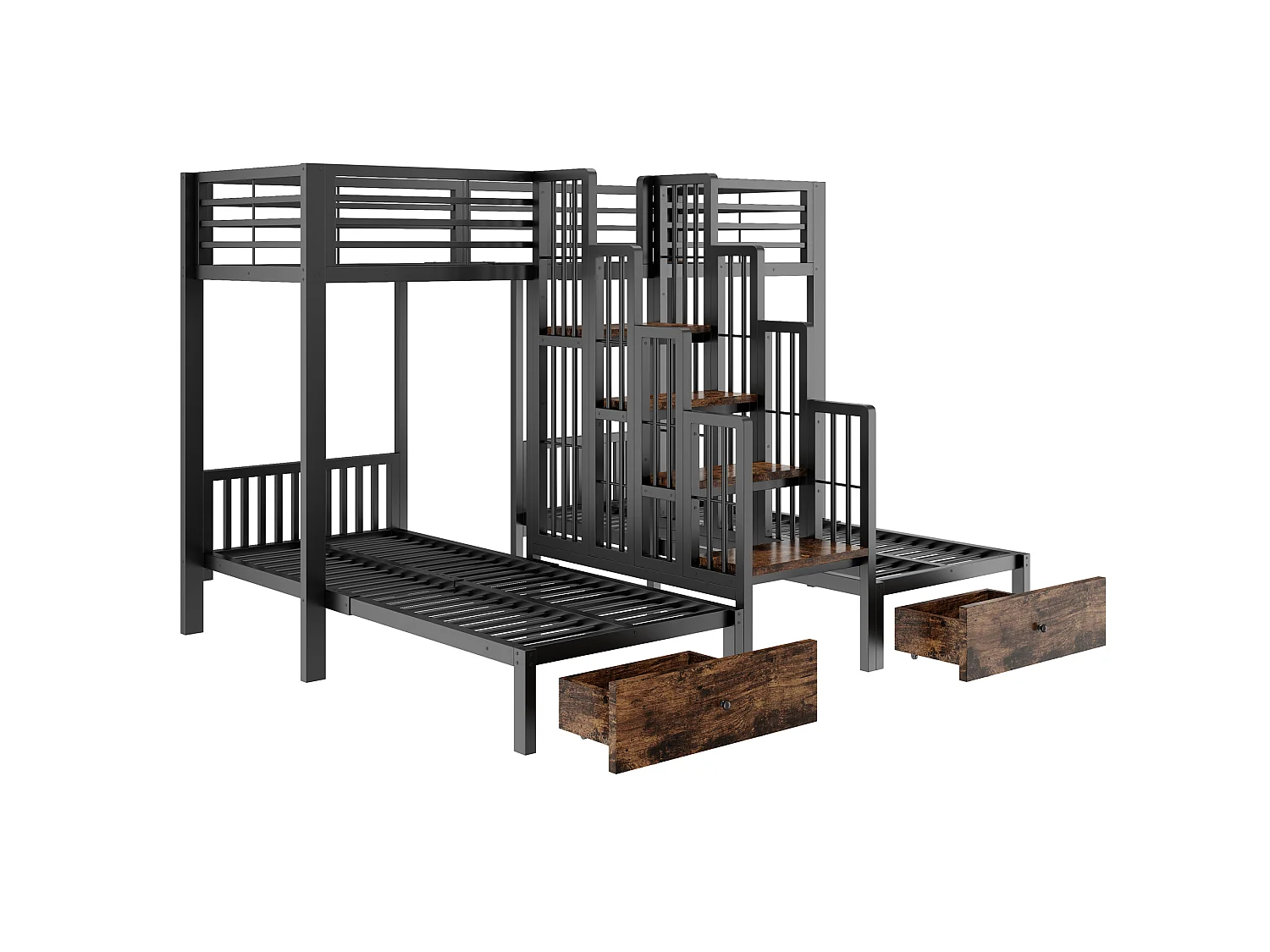 Lit superposé en métal 90 x 200 cm - avec escalier - avec barrières de sécurité - avec 2 tiroirs - noir (matelas non inclus)