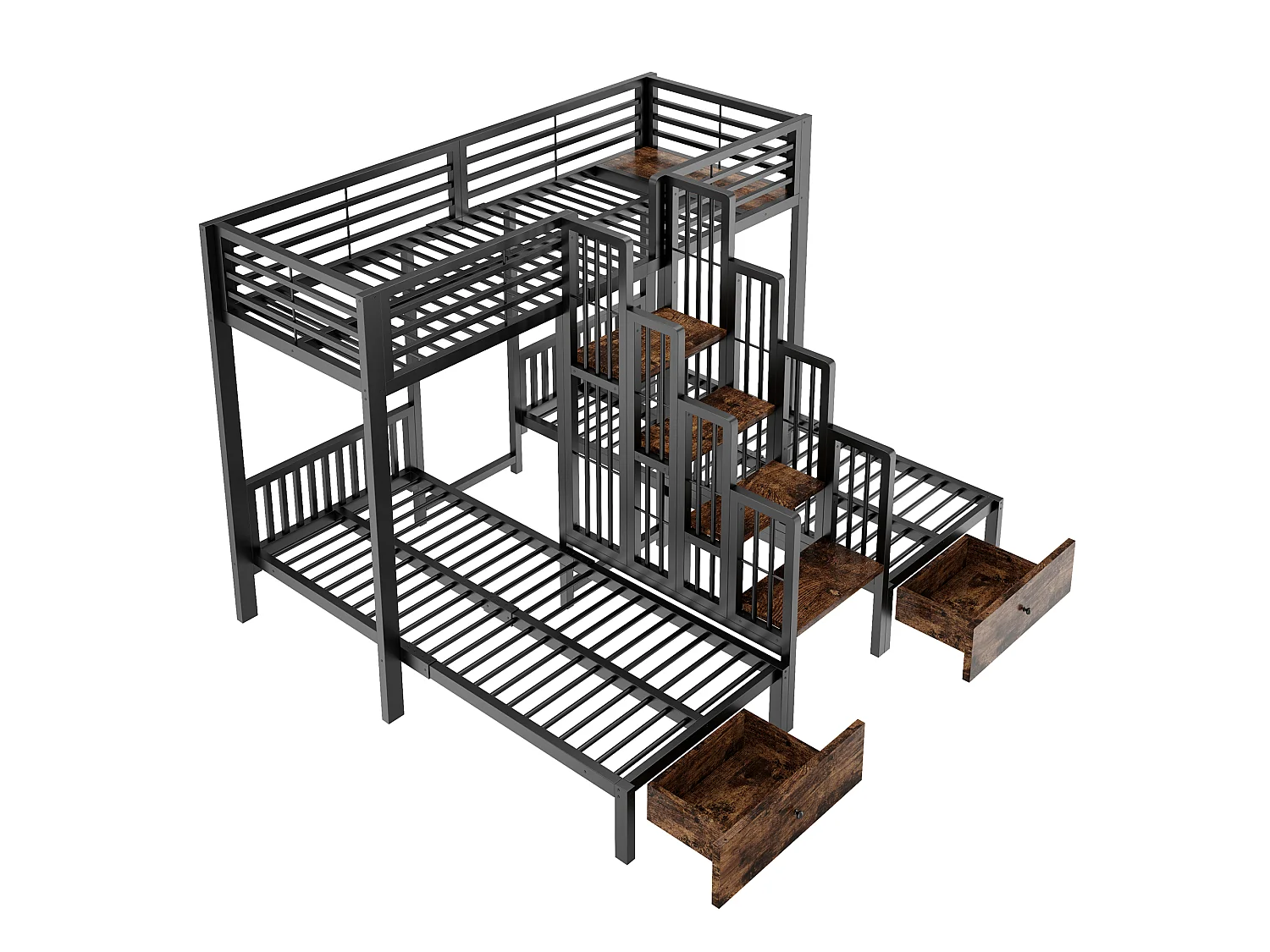 Lit superposé en métal 90 x 200 cm - avec escalier - avec barrières de sécurité - avec 2 tiroirs - noir (matelas non inclus)