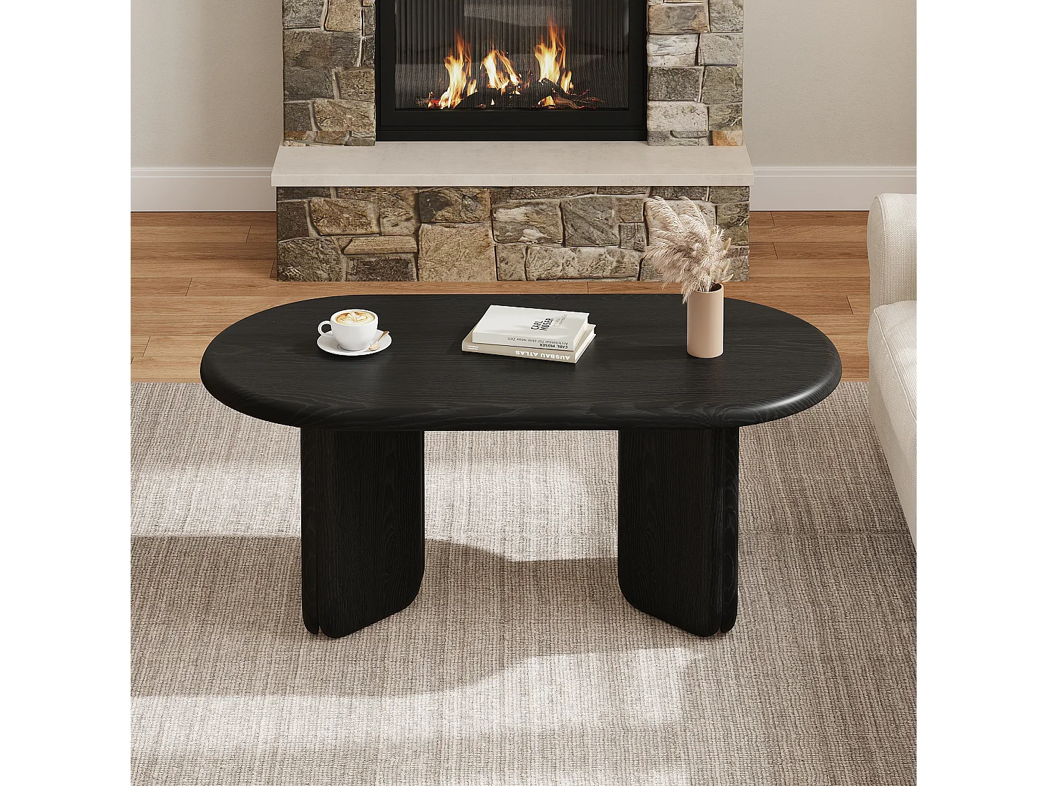 Table basse ovale moderne 99x50x40 cm - Table d'appoint pour salon - Pieds décoratifs - Idéale pour le salon - MDF - Noir