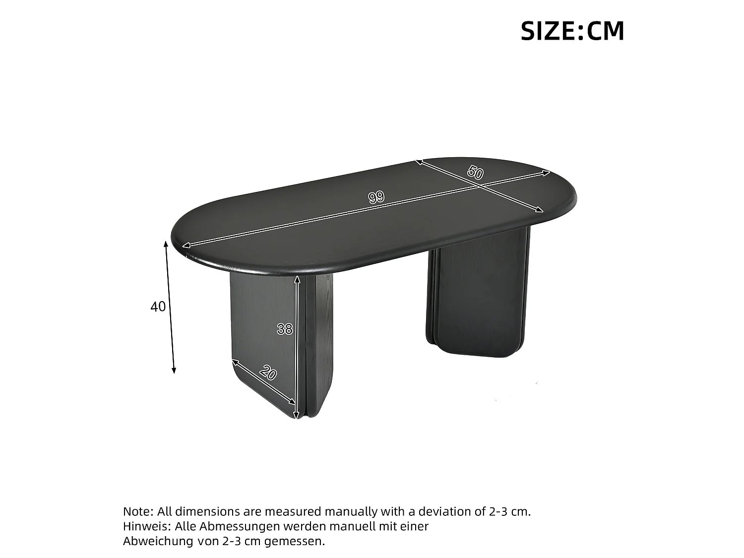 Table basse ovale moderne 99x50x40 cm - Table d'appoint pour salon - Pieds décoratifs - Idéale pour le salon - MDF - Noir