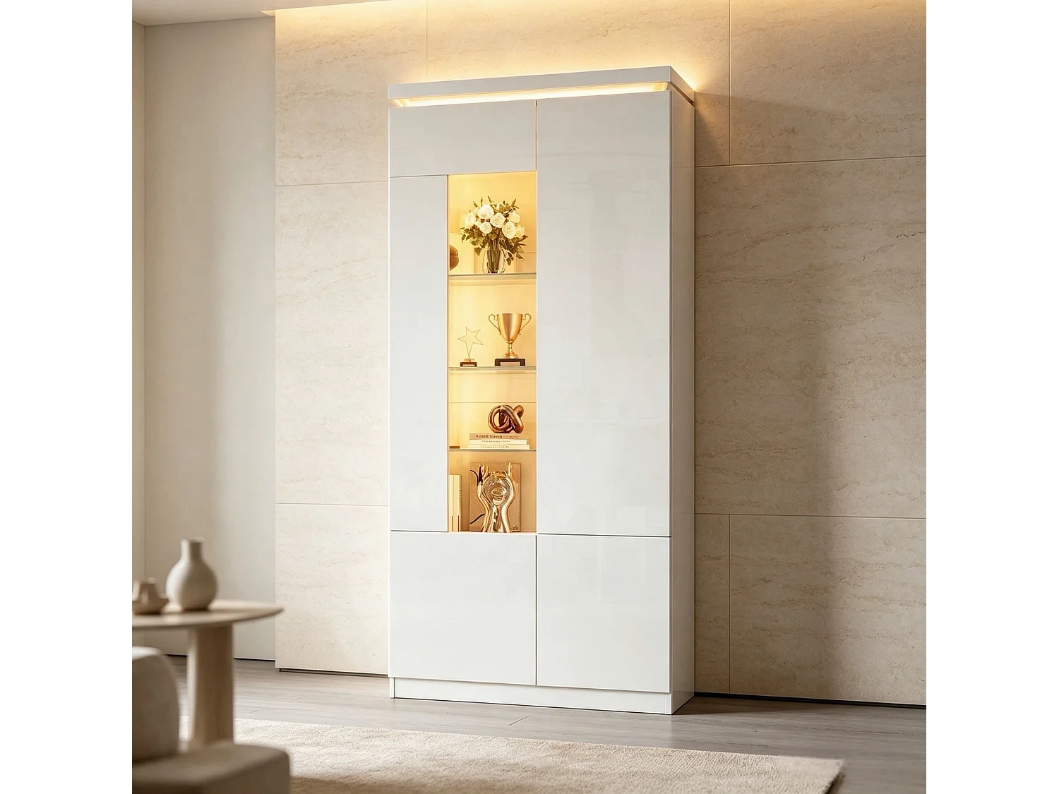 Vitrine à portes acryliques, vitrine en verre laqué brillant - Éclairage LED - 4 portes - Finition brillante - MDF - Blanc