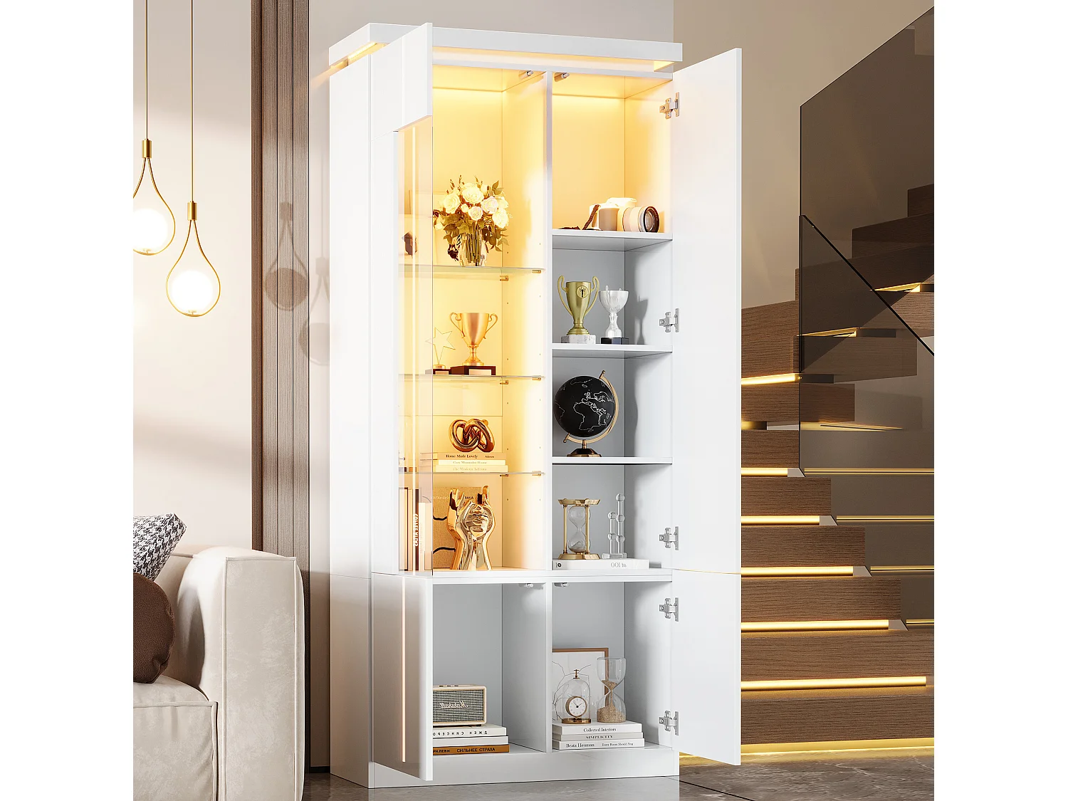 Vitrine à portes acryliques, vitrine en verre laqué brillant - Éclairage LED - 4 portes - Finition brillante - MDF - Blanc