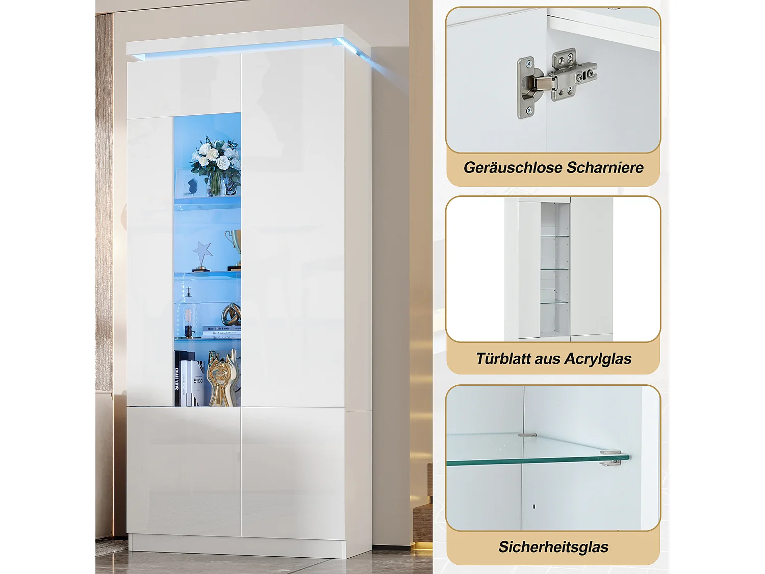 Vitrine à portes acryliques, vitrine en verre laqué brillant - Éclairage LED - 4 portes - Finition brillante - MDF - Blanc