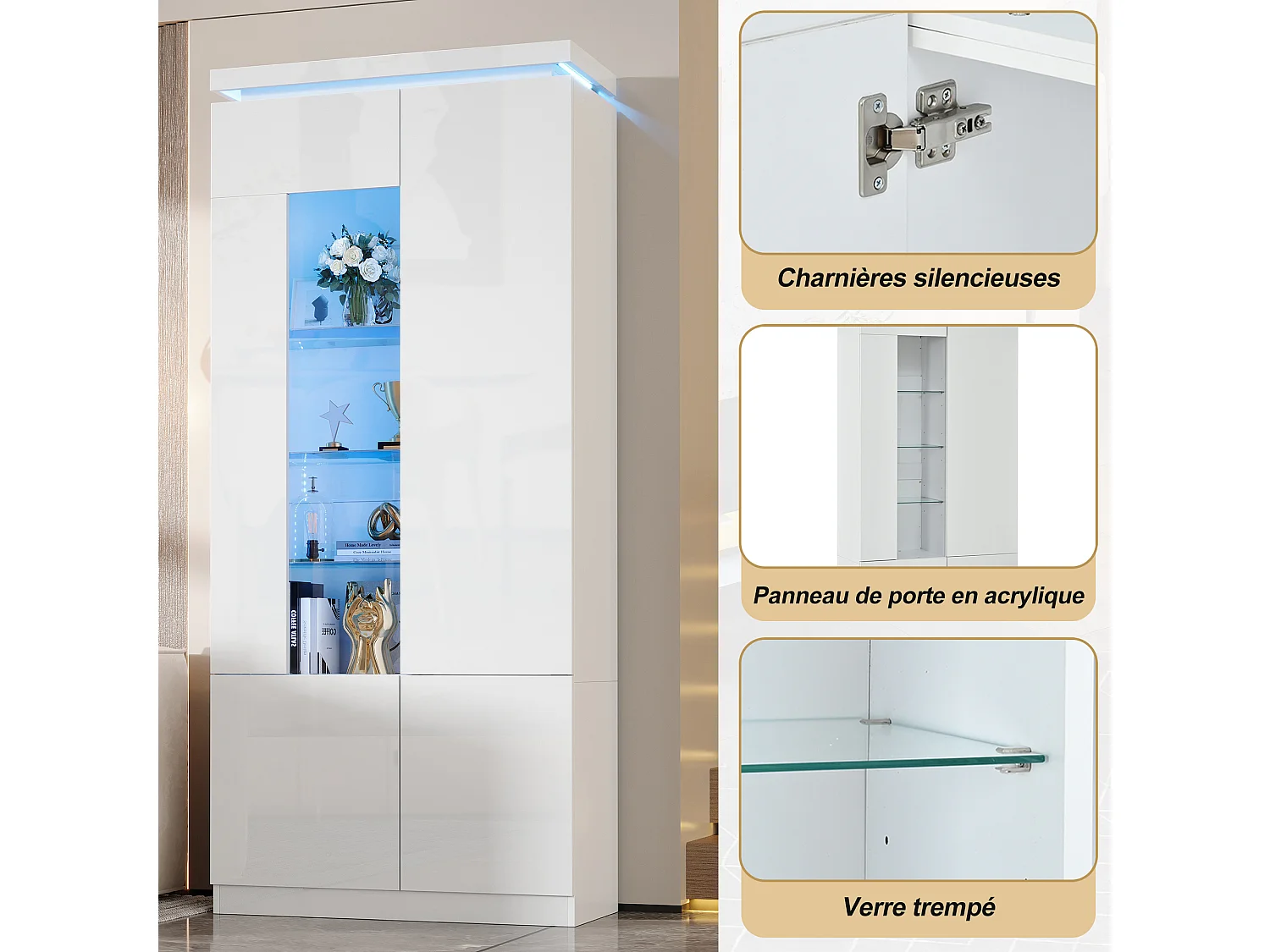 Vitrine à portes acryliques, vitrine en verre laqué brillant - Éclairage LED - 4 portes - Finition brillante - MDF - Blanc