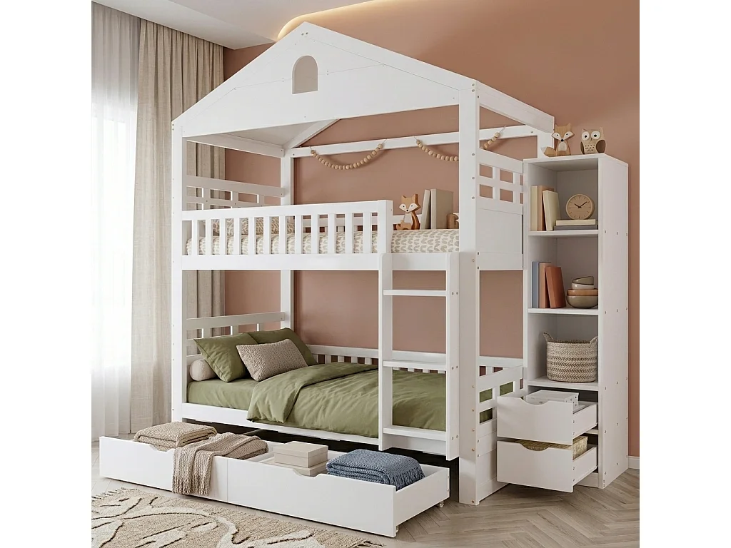 Våningssäng barn 90x200 cm - med 4 lådor - med stege - sidofack för förvaring - Vit (utan madrass)
