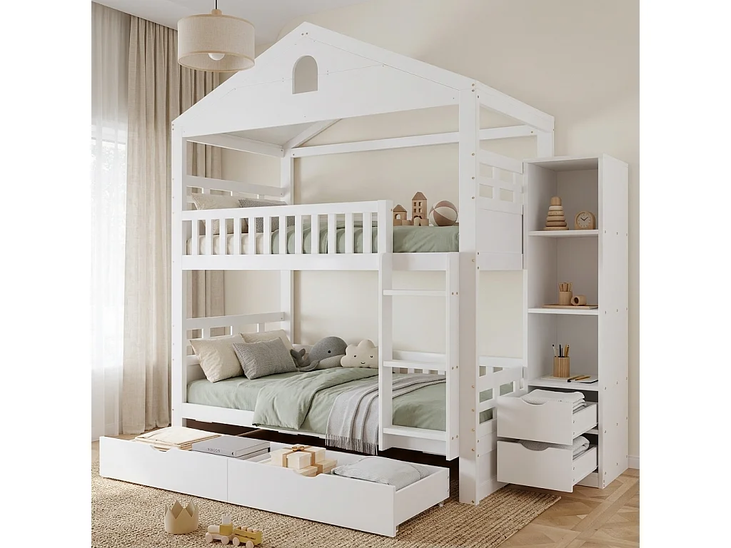 Våningssäng barn 90x200 cm - med 4 lådor - med stege - sidofack för förvaring - Vit (utan madrass)