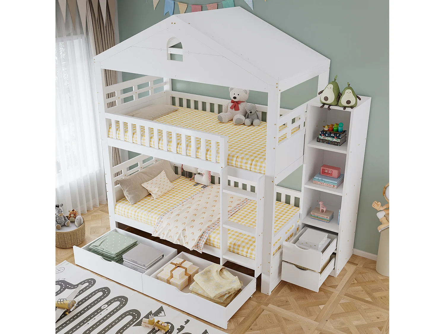 Våningssäng barn 90x200 cm - med 4 lådor - med stege - sidofack för förvaring - Vit (utan madrass)