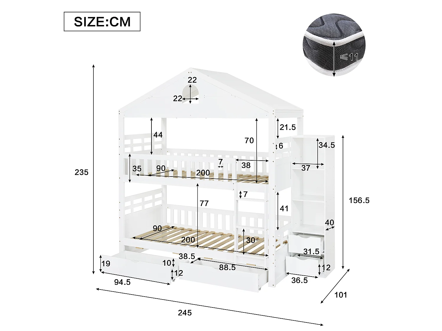 Våningssäng barn 90x200 cm - med 4 lådor - med stege - sidofack för förvaring - Vit (utan madrass)