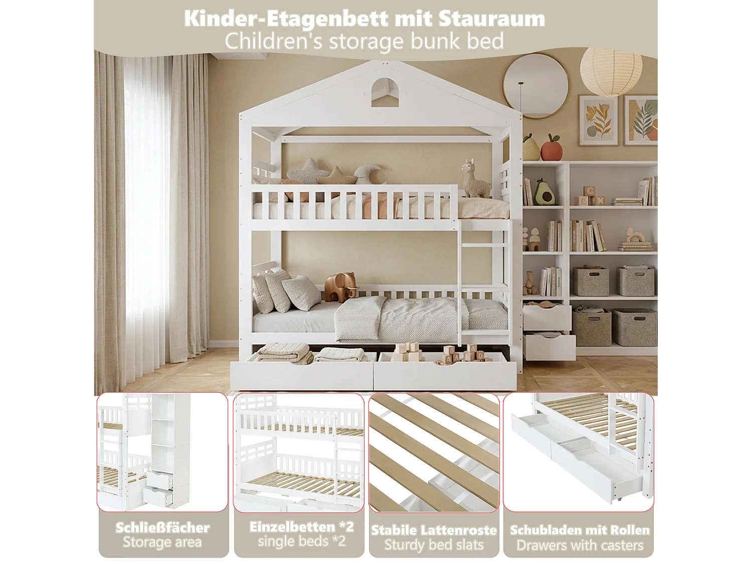 Våningssäng barn 90x200 cm - med 4 lådor - med stege - sidofack för förvaring - Vit (utan madrass)