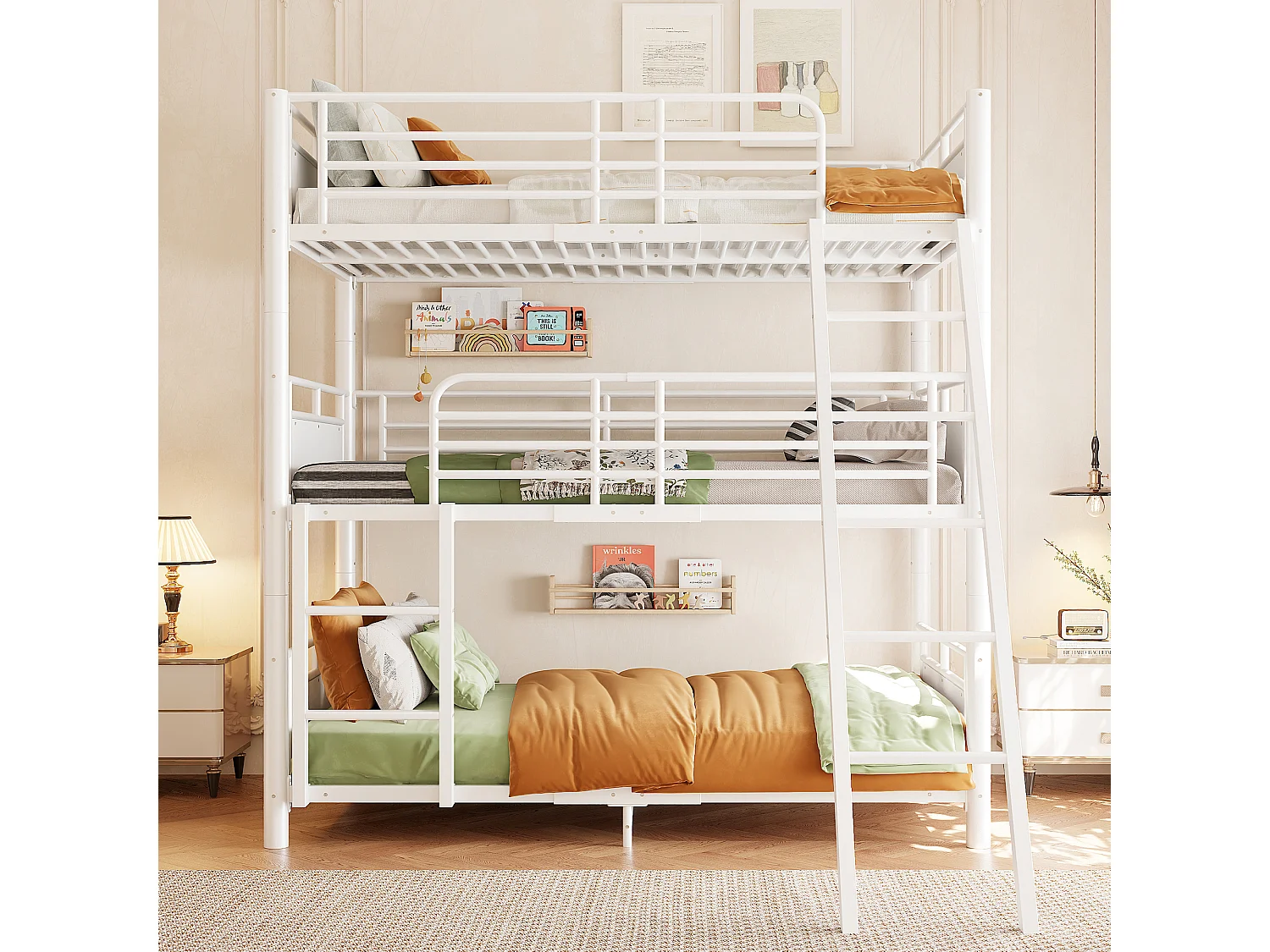 Lit superposé enfant 90 x 200 cm - avec échelle - avec barrières de sécurité - blanc (matelas non inclus)