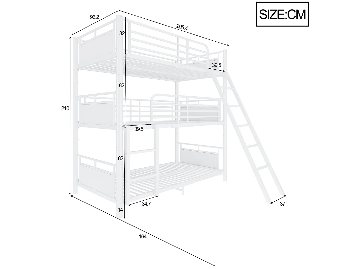 Lit superposé enfant 90 x 200 cm - avec échelle - avec barrières de sécurité - blanc (matelas non inclus)
