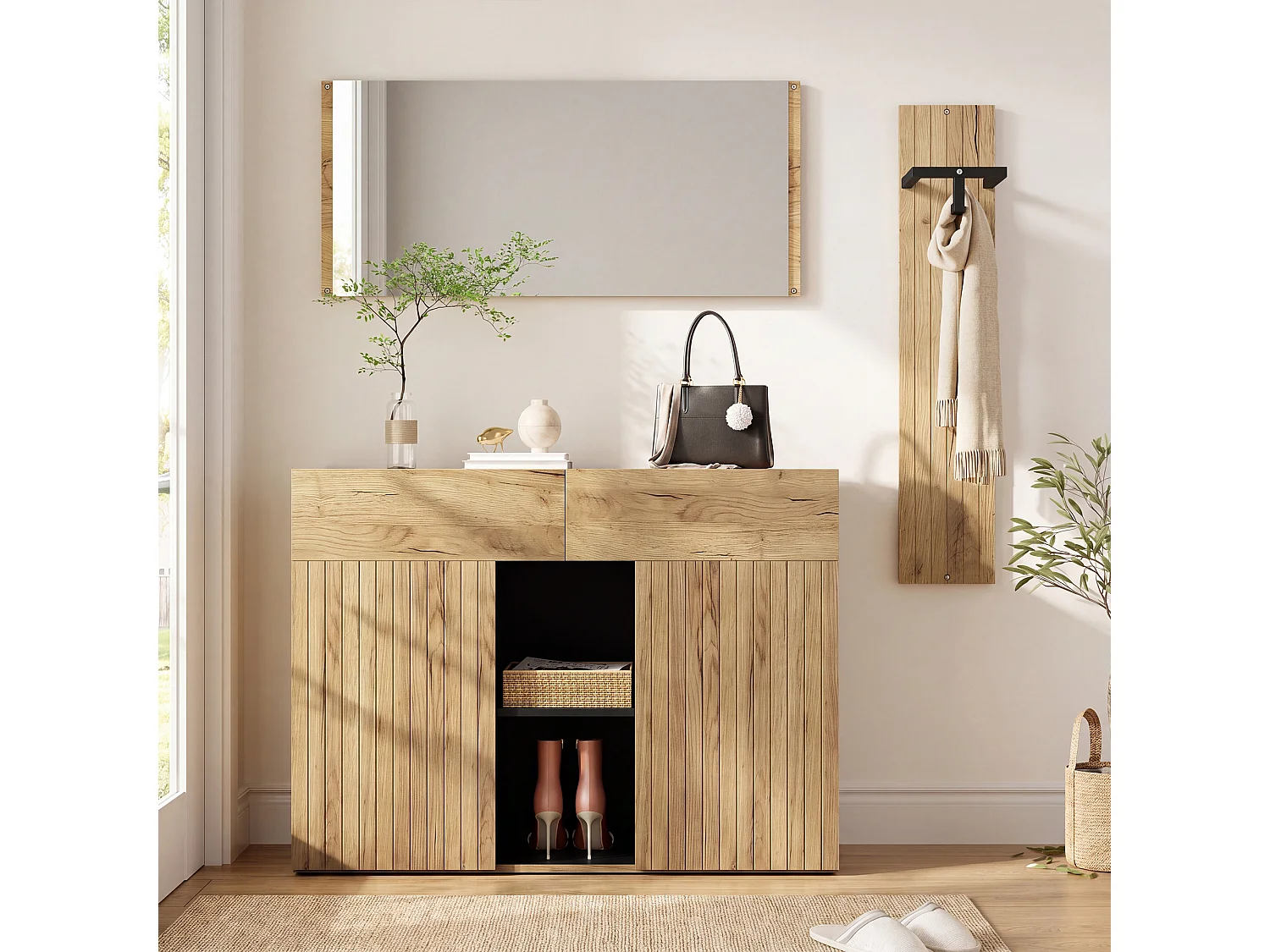 Entry wardrobe set 125x35x178cm - with mirror and shoe cabinet - with coat rack - Natural + Black