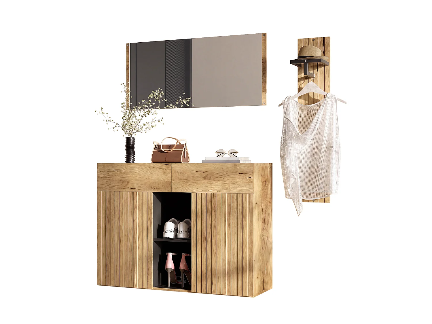 Entry wardrobe set 125x35x178cm - with mirror and shoe cabinet - with coat rack - Natural + Black