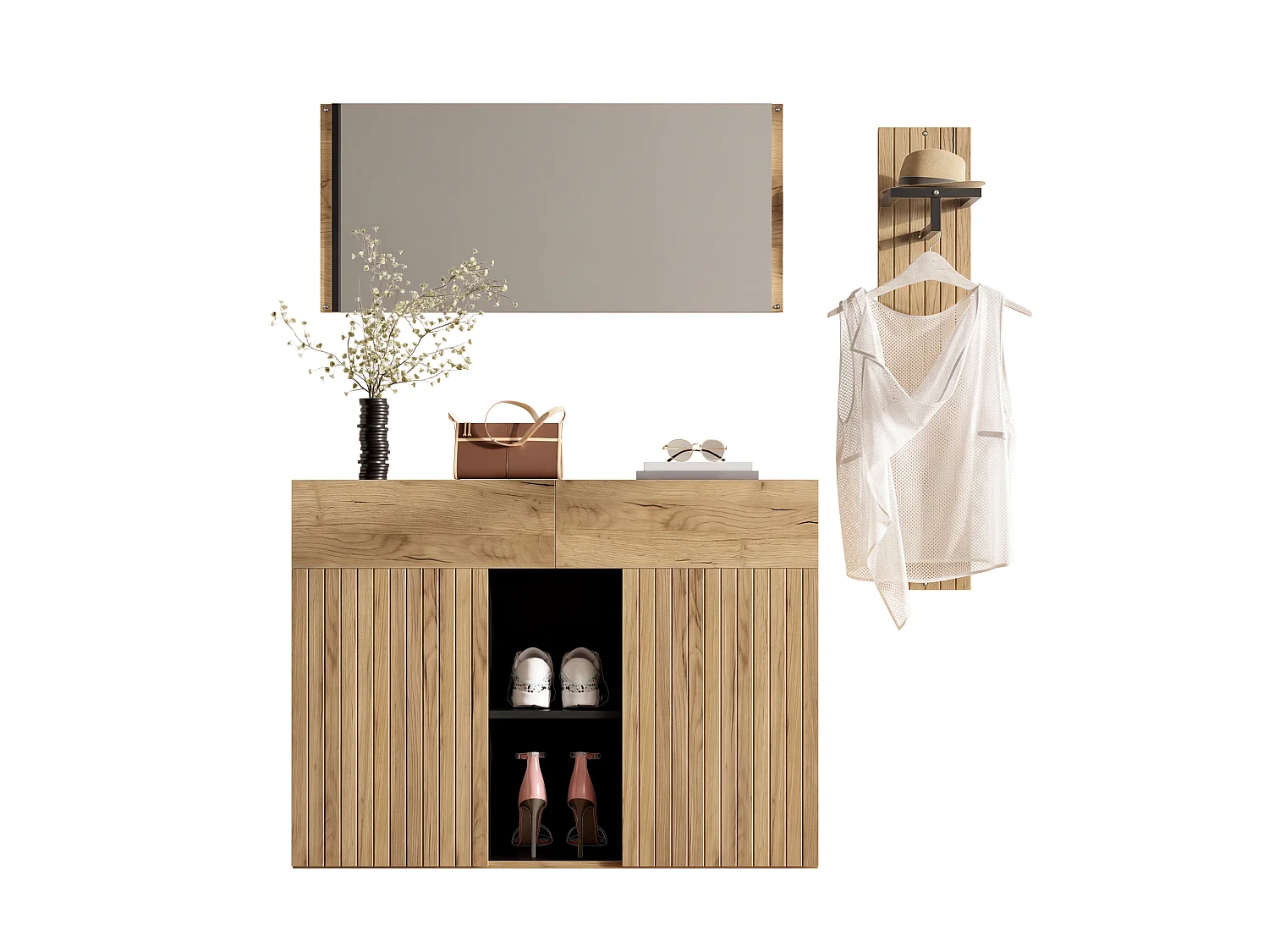 Entry wardrobe set 125x35x178cm - with mirror and shoe cabinet - with coat rack - Natural + Black