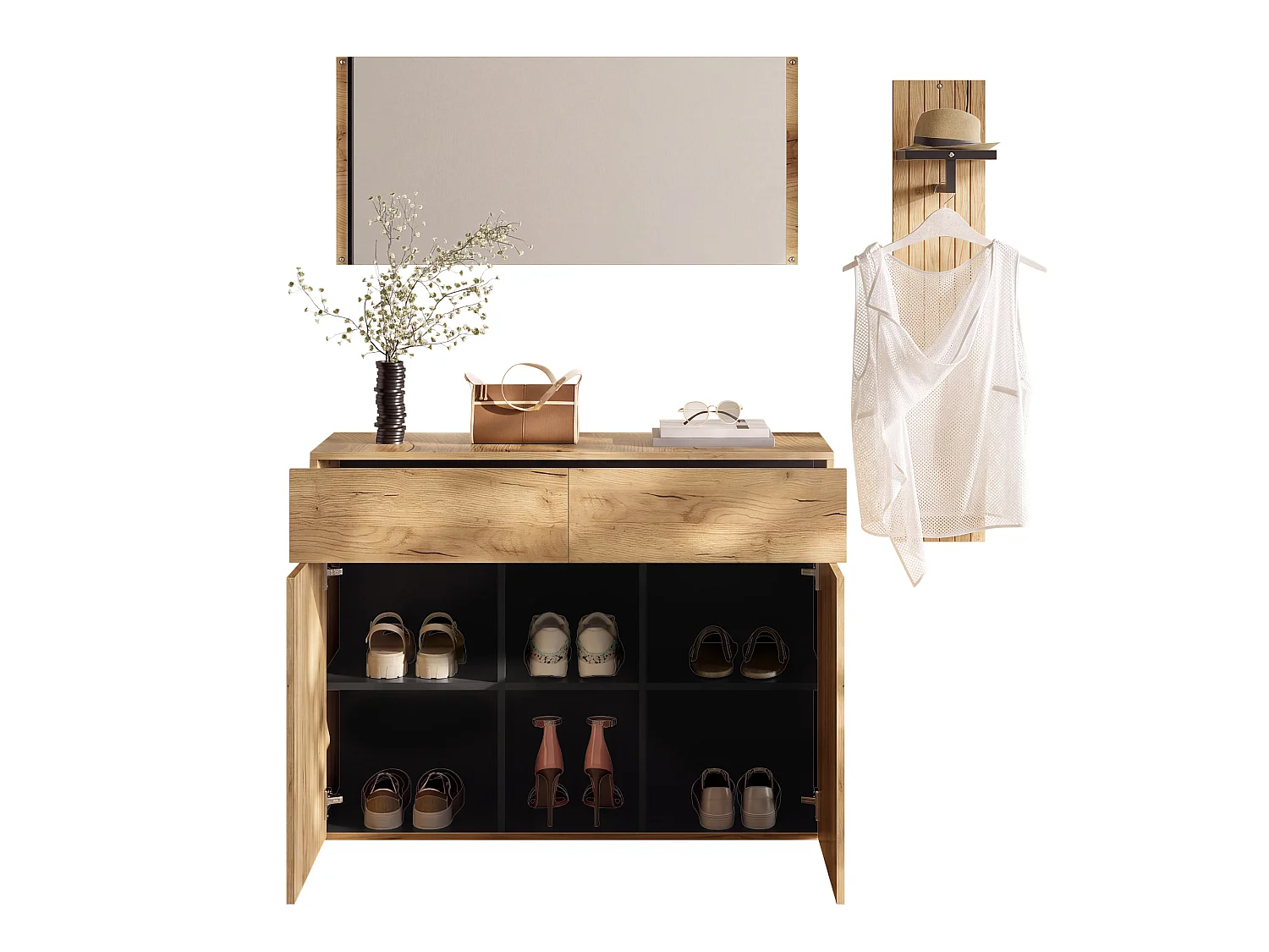 Entry wardrobe set 125x35x178cm - with mirror and shoe cabinet - with coat rack - Natural + Black