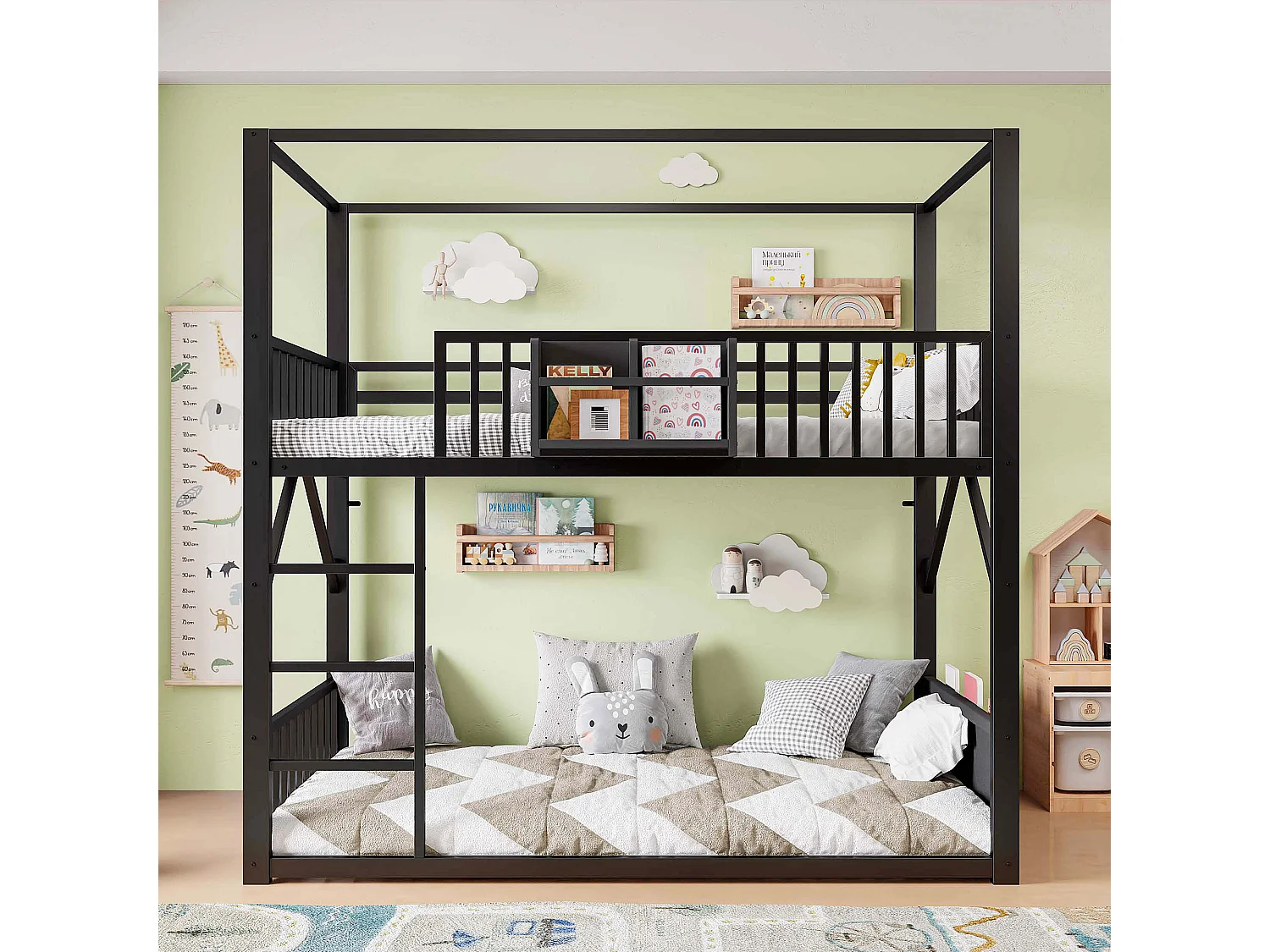 Metal stapelbed 90 x 200 cm - met veiligheidshekken - met ladder - Zwart (matras niet inbegrepen)