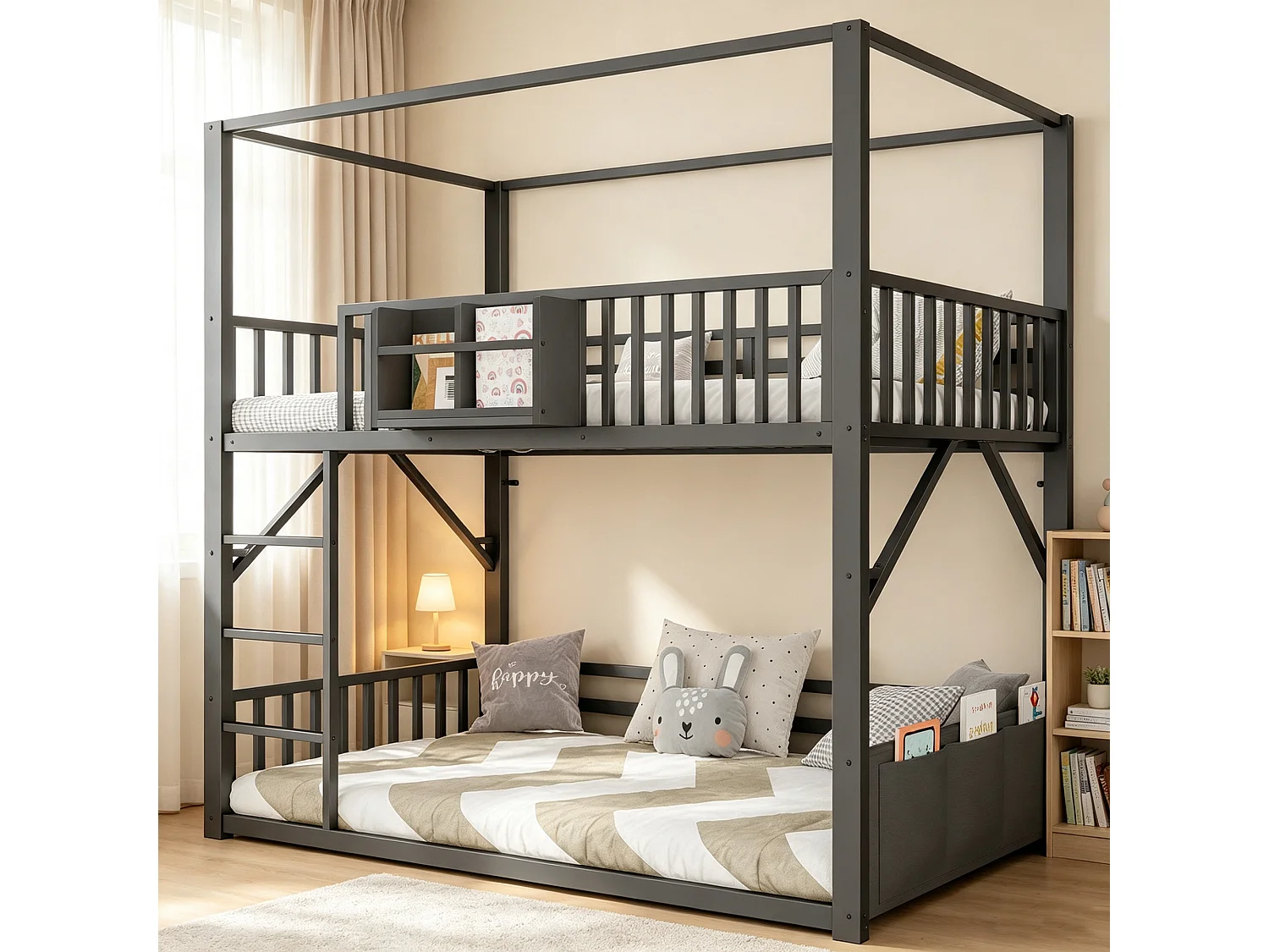 Metal stapelbed 90 x 200 cm - met veiligheidshekken - met ladder - Zwart (matras niet inbegrepen)