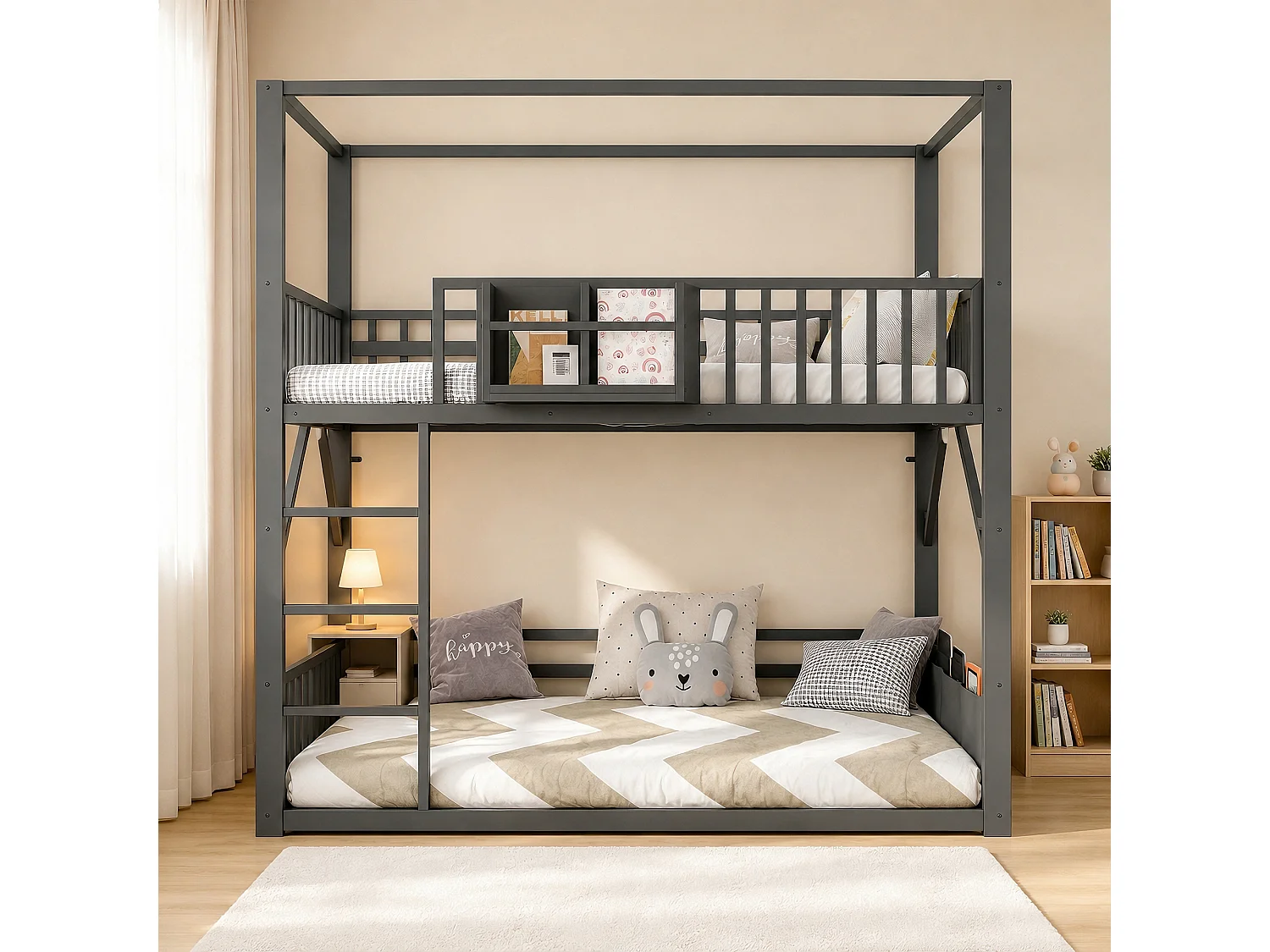 Metal stapelbed 90 x 200 cm - met veiligheidshekken - met ladder - Zwart (matras niet inbegrepen)