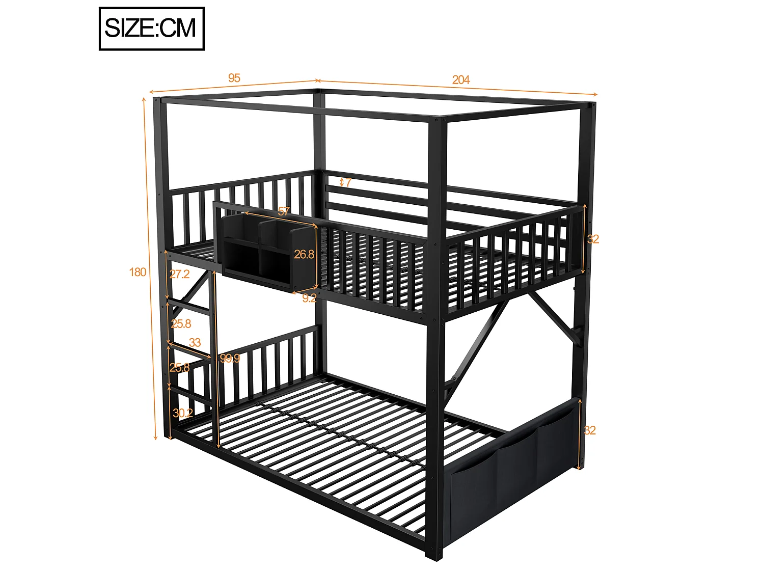 Metal stapelbed 90 x 200 cm - met veiligheidshekken - met ladder - Zwart (matras niet inbegrepen)