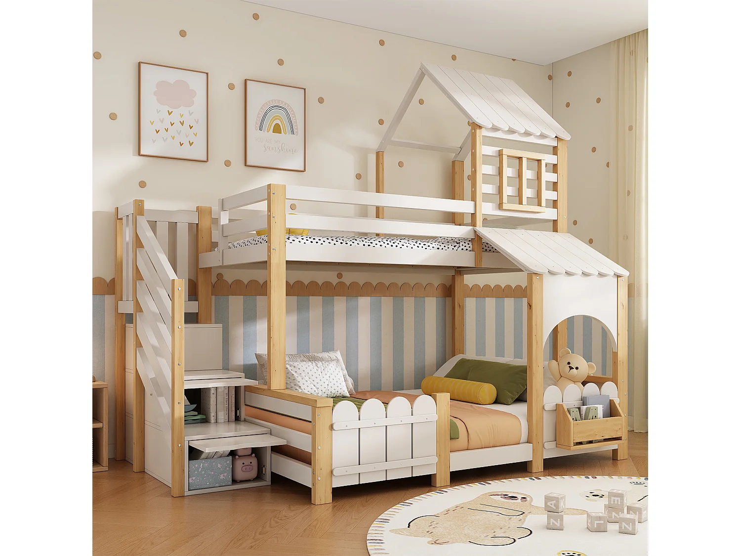Lit superposé enfant 90x200+140x200 cm - échelle de rangement - avec baldaquin et protection antichute - blanc et naturel (sans matelas)