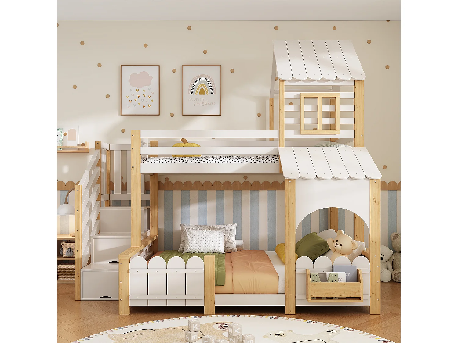 Lit superposé enfant 90x200+140x200 cm - échelle de rangement - avec baldaquin et protection antichute - blanc et naturel (sans matelas)