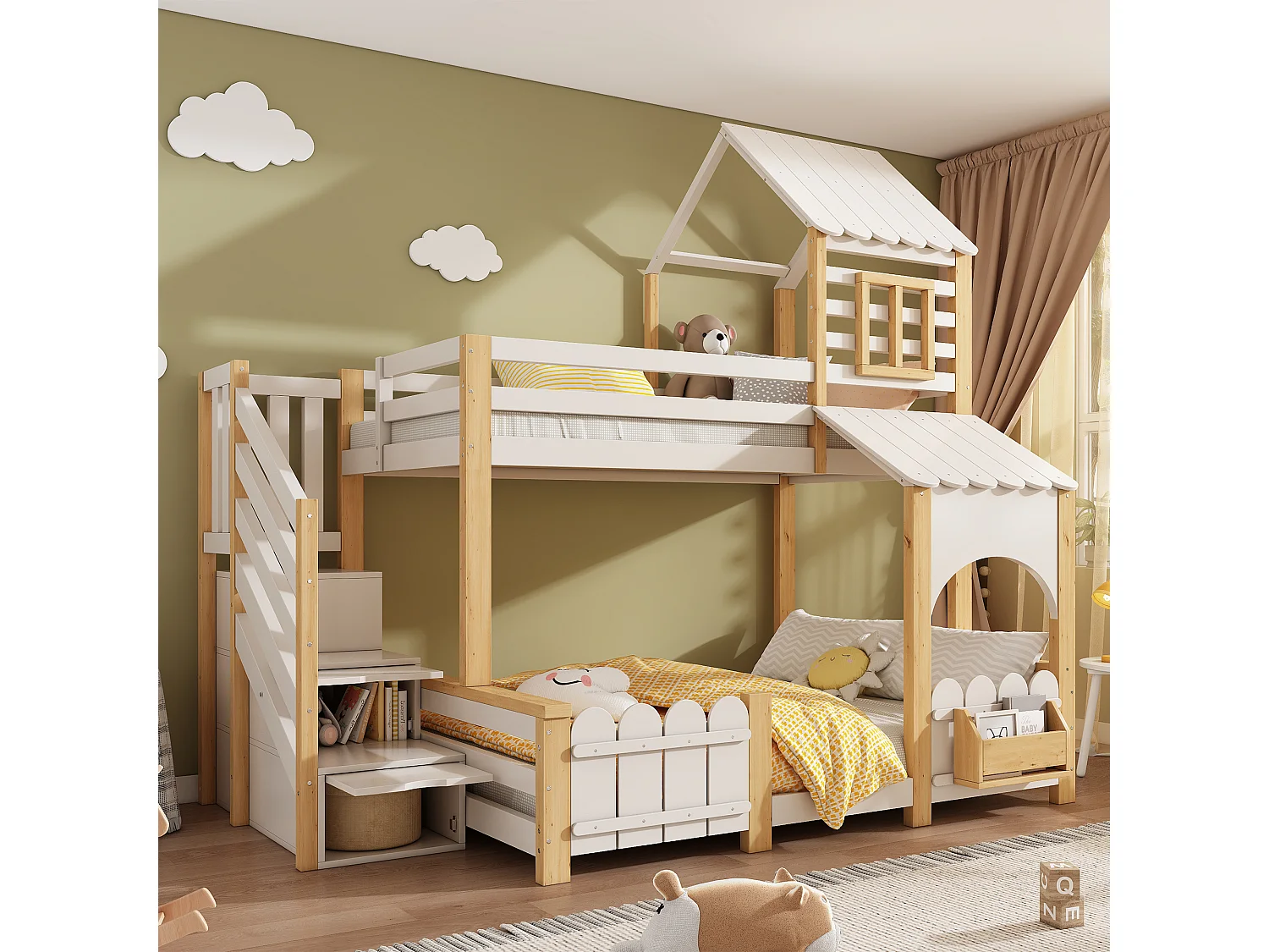 Lit superposé enfant 90x200+140x200 cm - échelle de rangement - avec baldaquin et protection antichute - blanc et naturel (sans matelas)