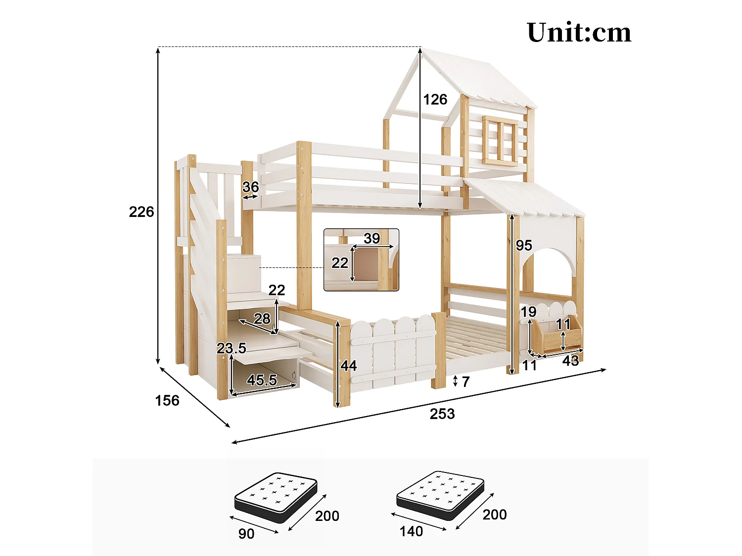 Lit superposé enfant 90x200+140x200 cm - échelle de rangement - avec baldaquin et protection antichute - blanc et naturel (sans matelas)