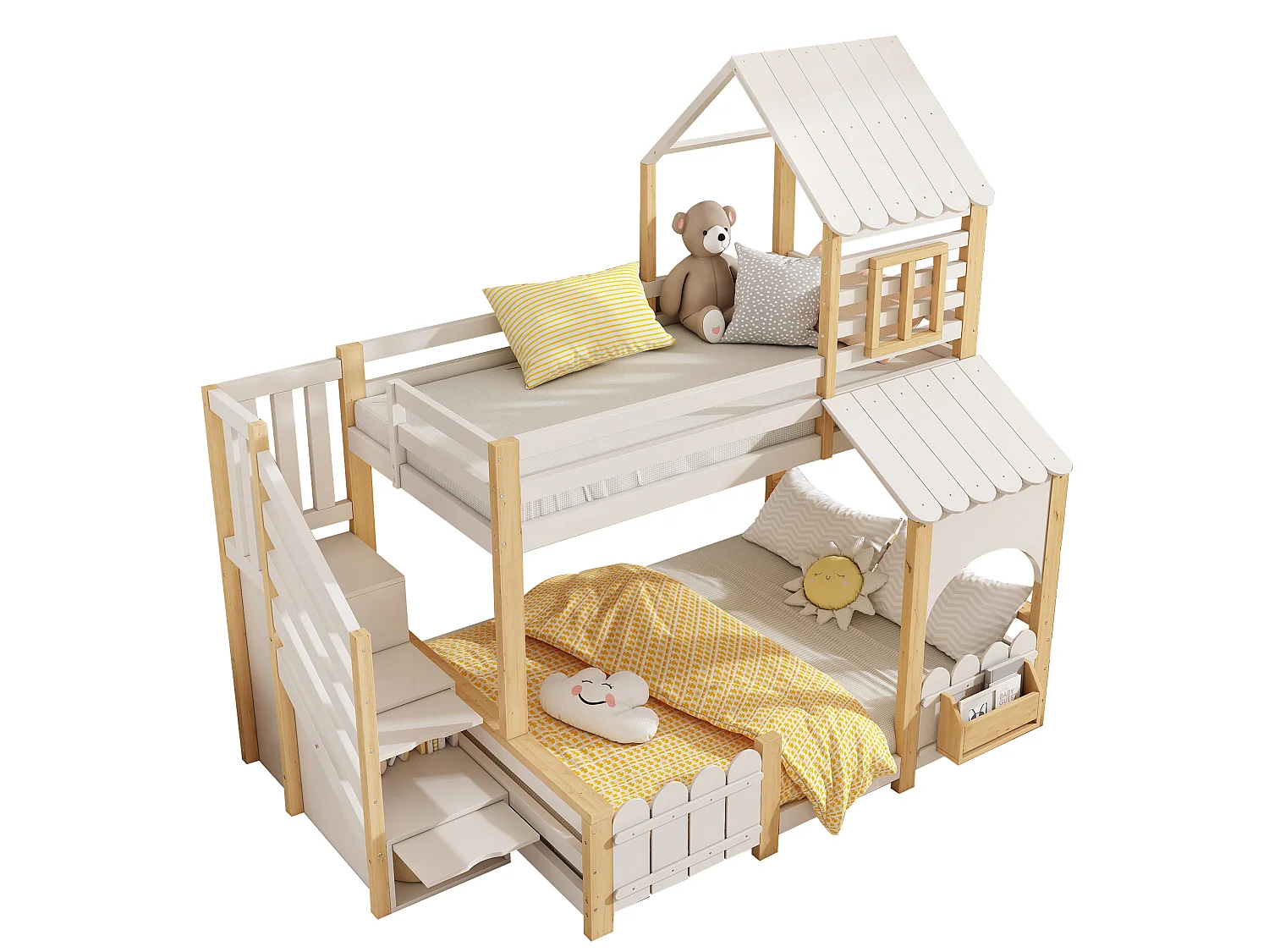 Lit superposé enfant 90x200+140x200 cm - échelle de rangement - avec baldaquin et protection antichute - blanc et naturel (sans matelas)