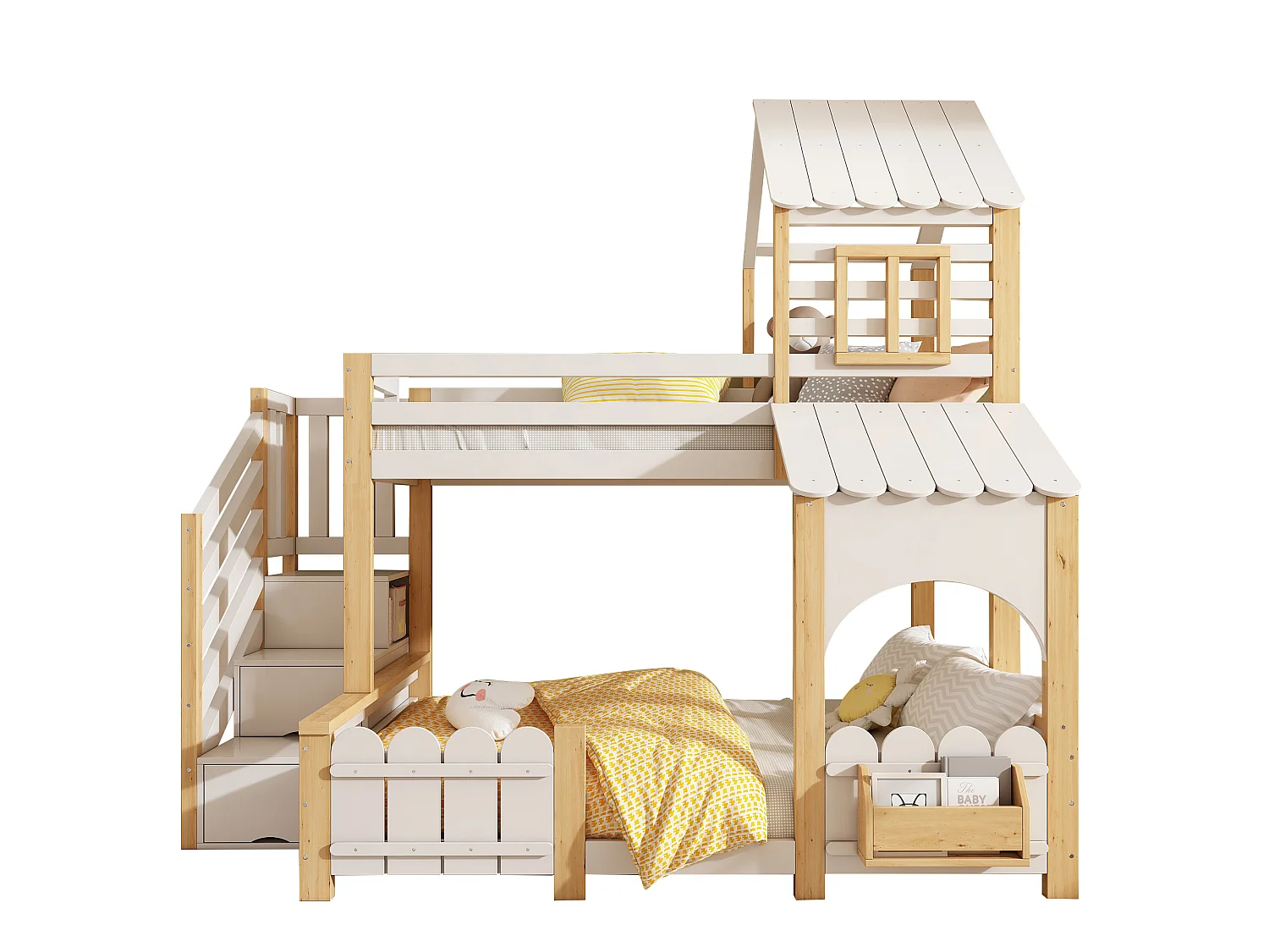Lit superposé enfant 90x200+140x200 cm - échelle de rangement - avec baldaquin et protection antichute - blanc et naturel (sans matelas)
